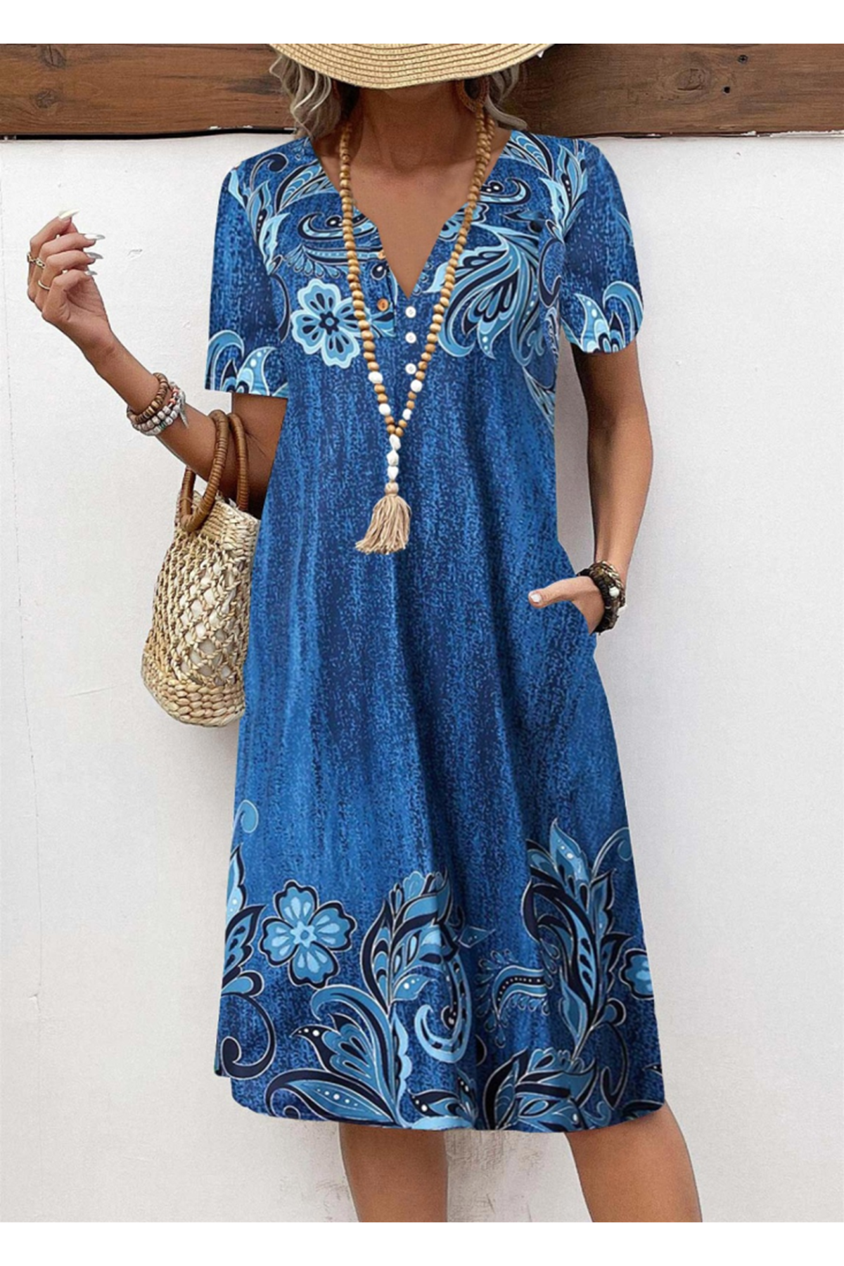 Kadın Kısa Kollu V Yakalı çiçek Baskılı Midi Süprem Elbise