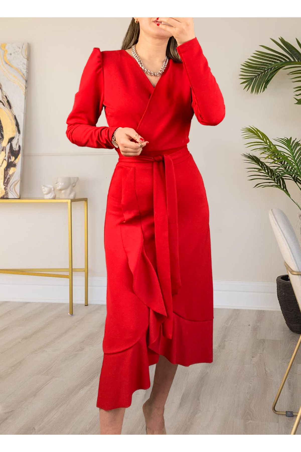 Krep Kumaş Midi Boy Kuşaklı Uzunkol Elbise