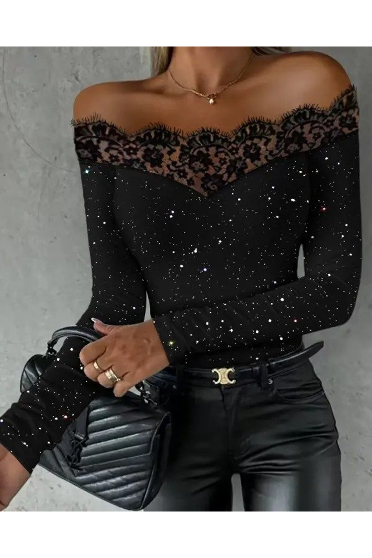 Kadın Uzun Kollu Güpürlü Madonna Yaka Taşlı Mikro Bluz