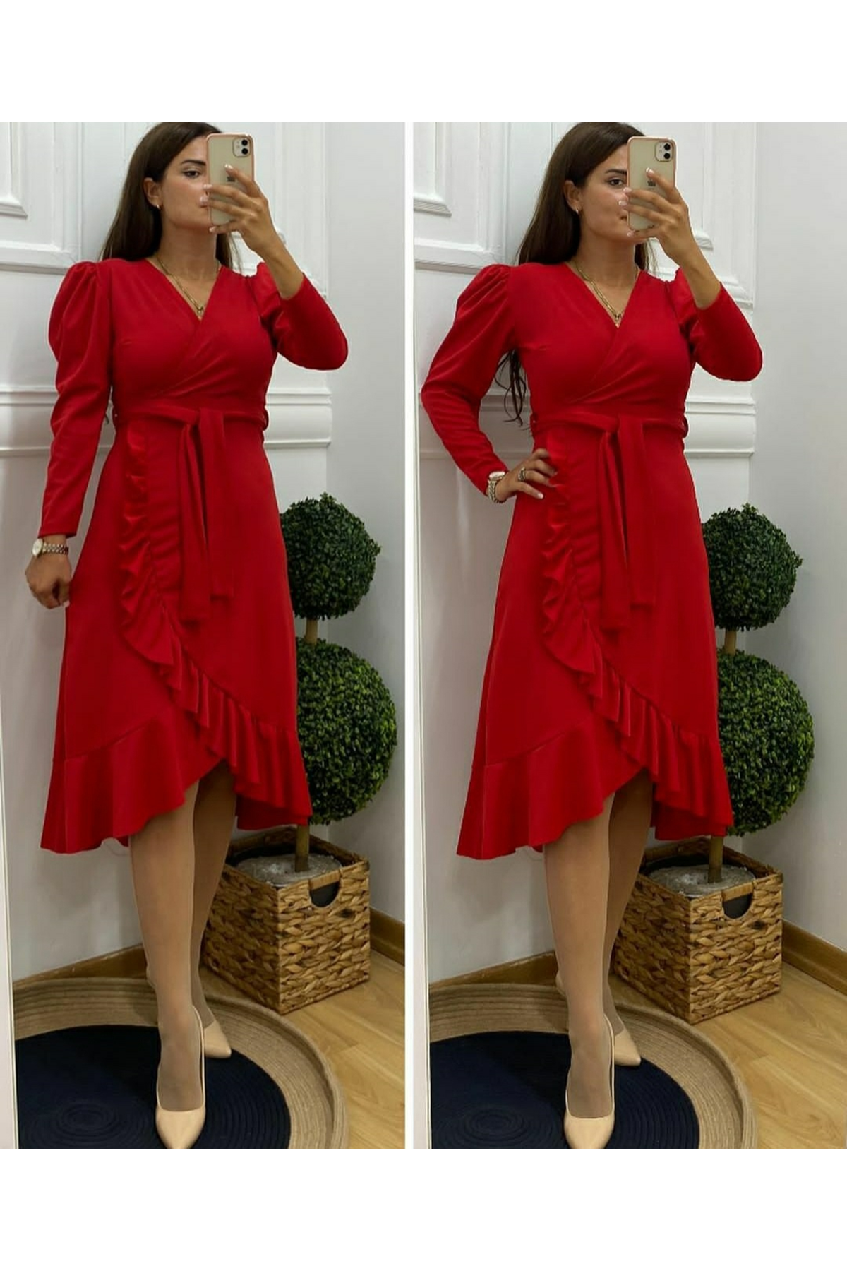 Krep Kumaş Midi Boy Kuşaklı Uzunkol Elbise