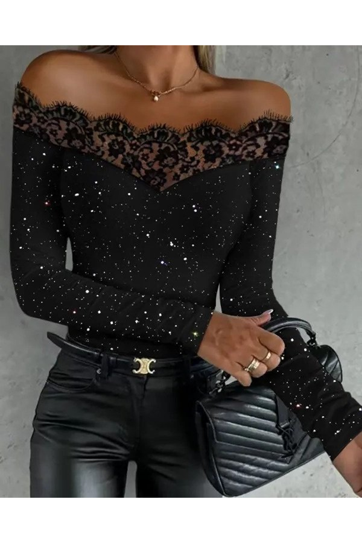 Kadın Uzun Kollu Güpürlü Madonna Yaka Taşlı Mikro Bluz