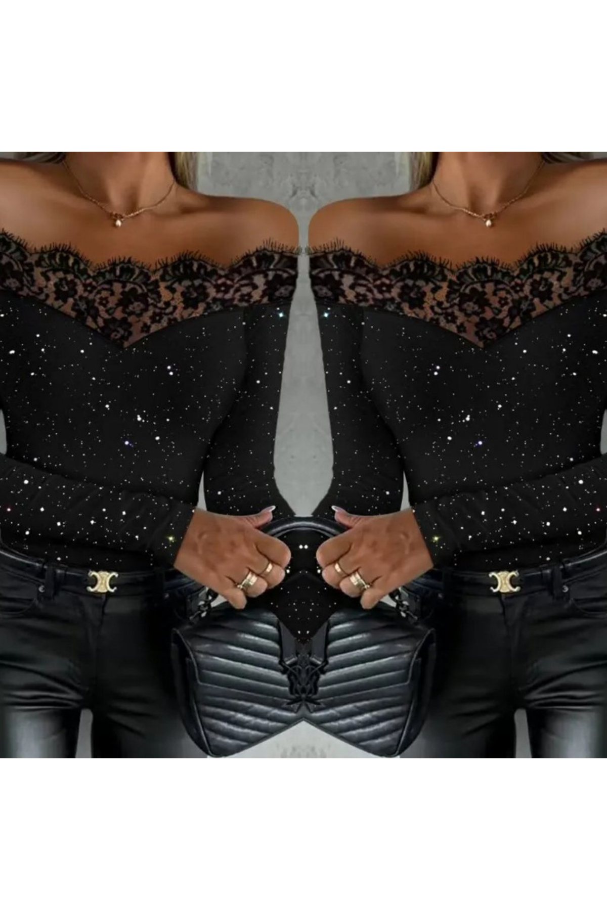 Kadın Uzun Kollu Güpürlü Madonna Yaka Taşlı Mikro Bluz