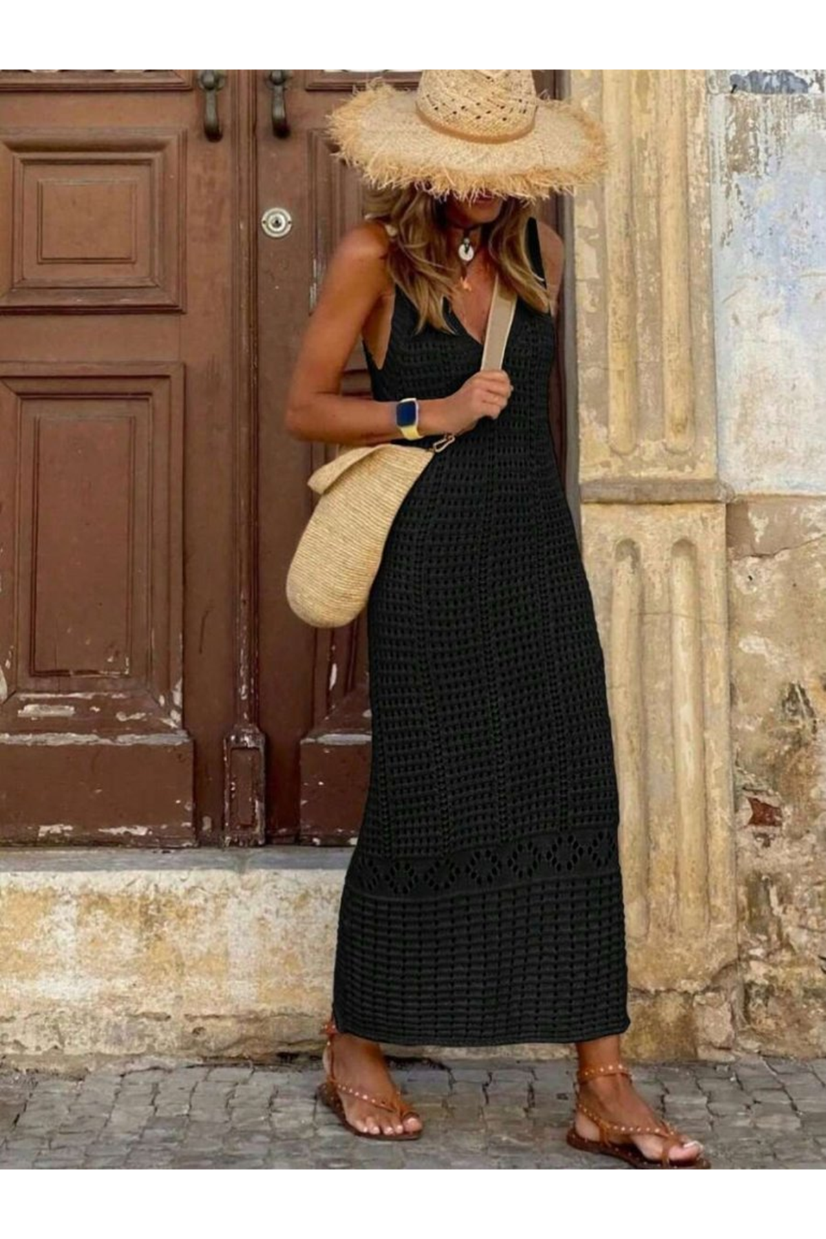 Kadın V Yaka Tam Askılı Tam Boy Ajurlu Triko Elbise