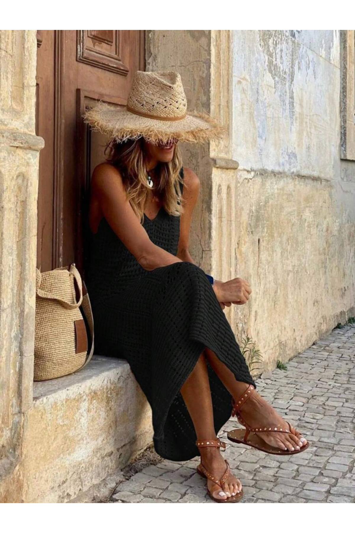 Kadın V Yaka Tam Askılı Tam Boy Ajurlu Triko Elbise