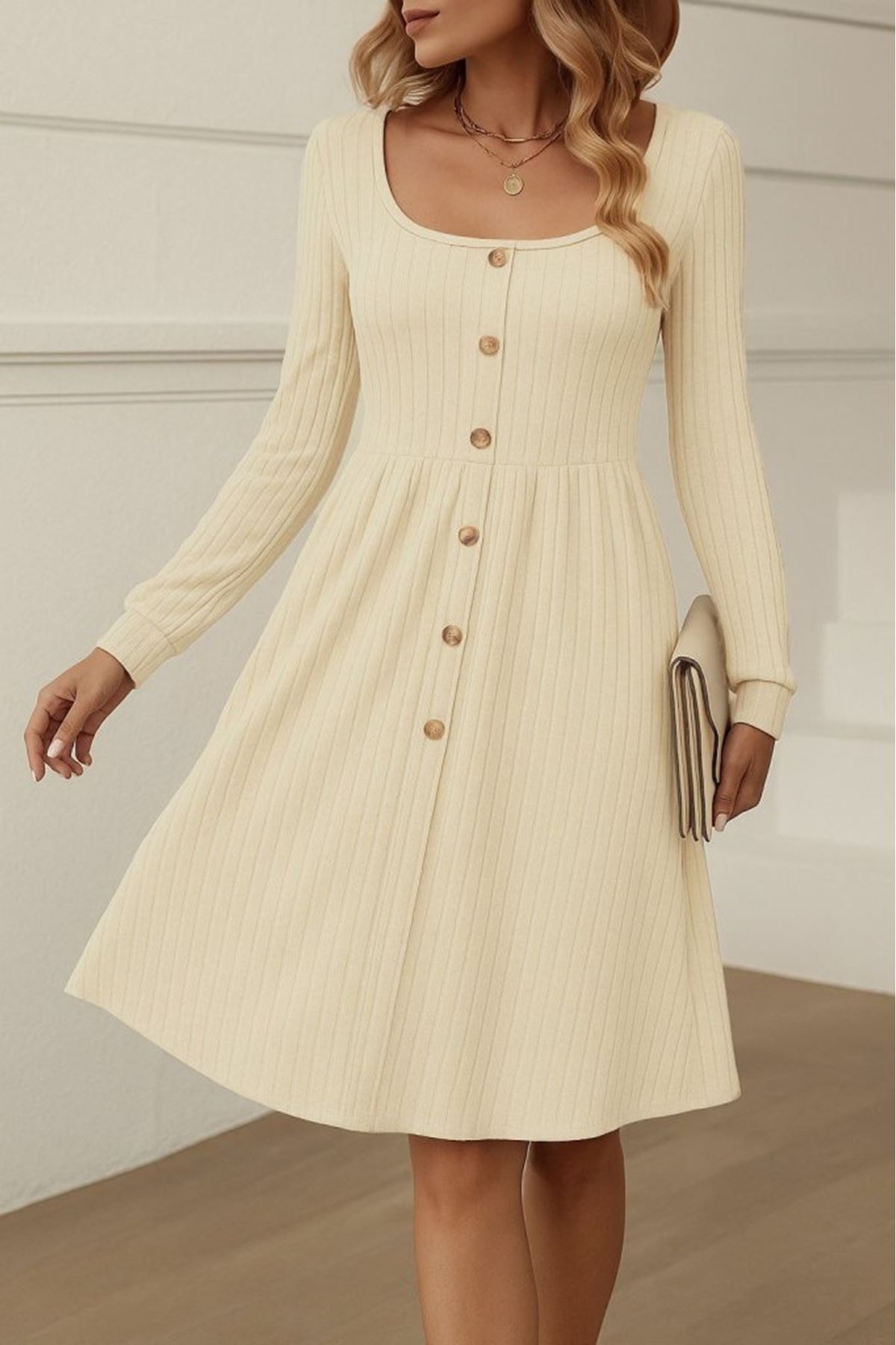 Kadın Uzun Kollu Kare Yaka Düğmeli Kısa şardonlu Iki Iplik Mini Elbise