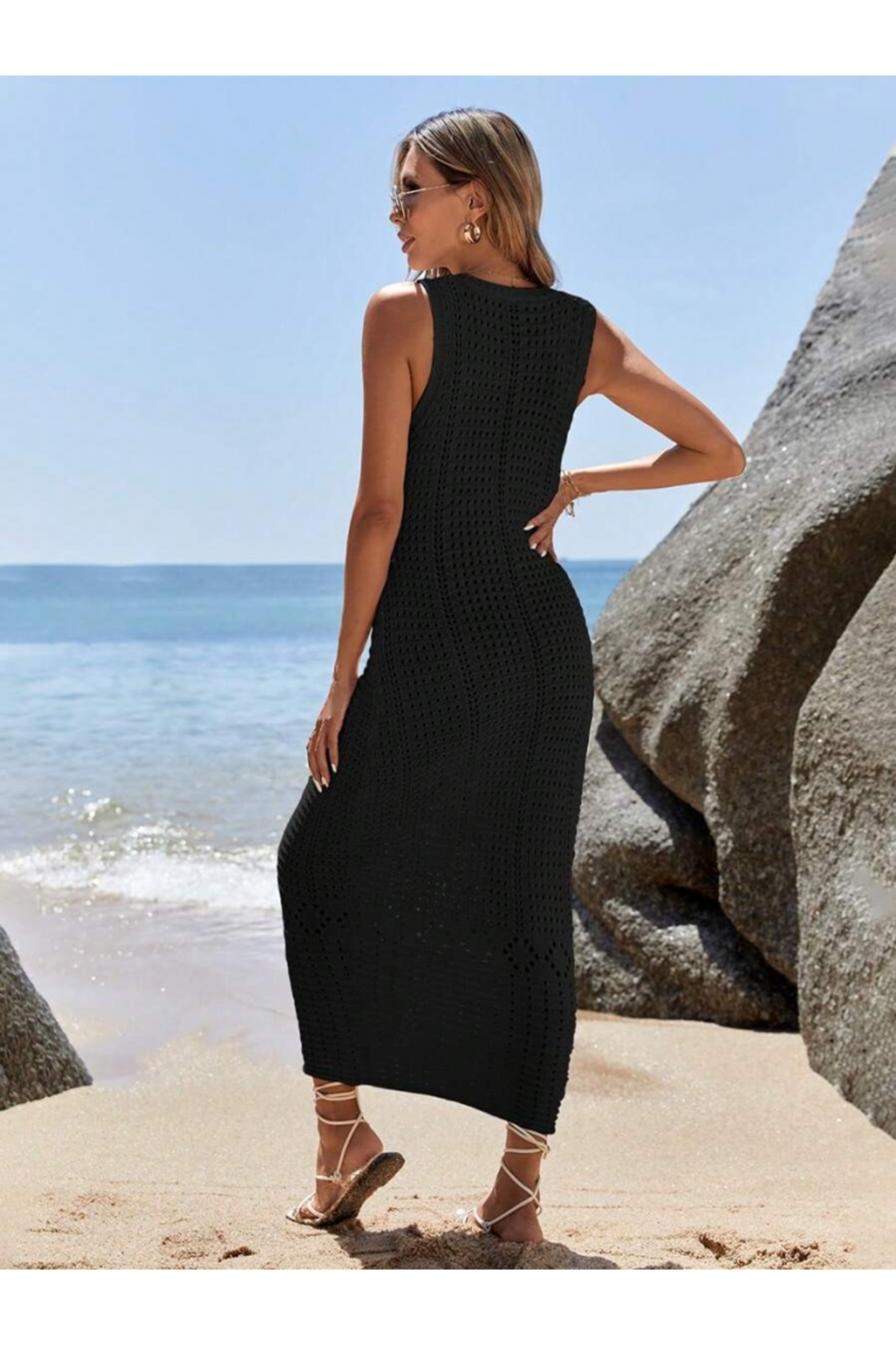 Kadın V Yaka Tam Askılı Tam Boy Ajurlu Triko Elbise