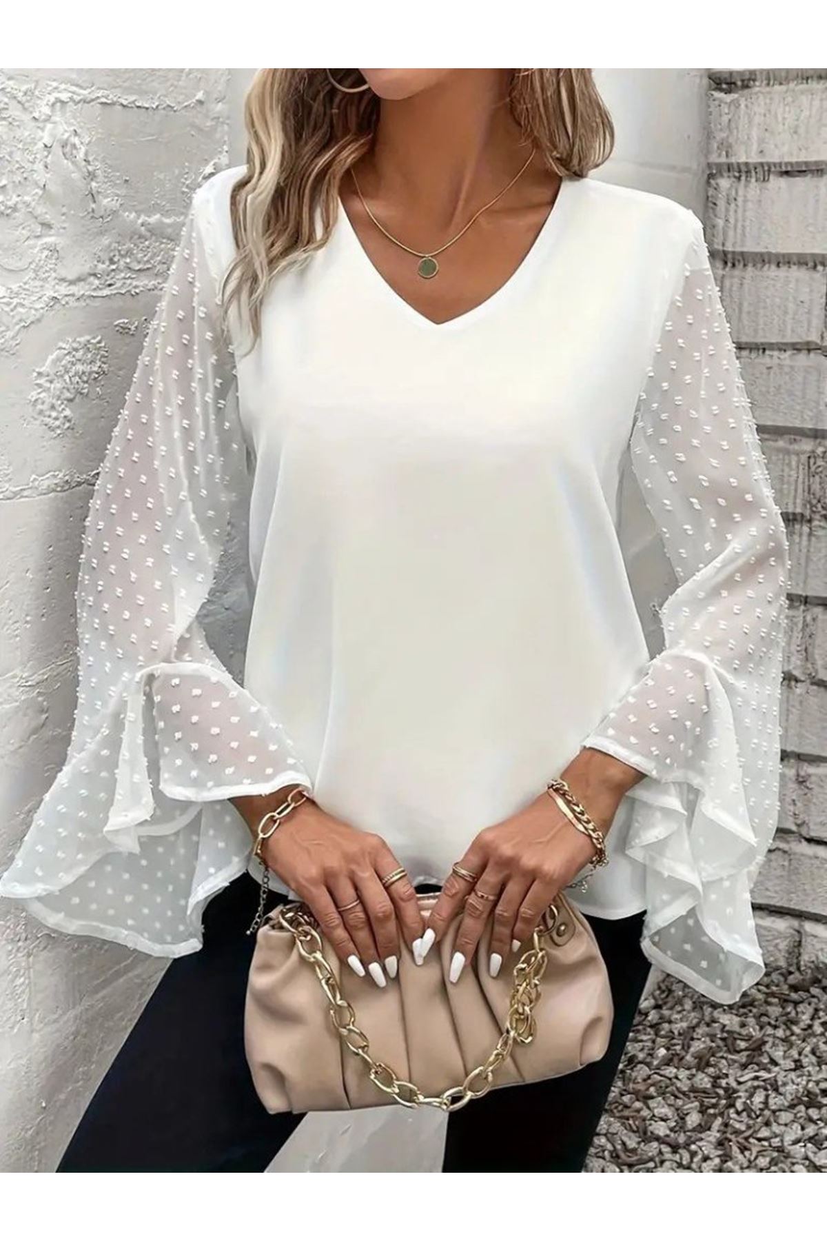 Kadın Uzun Kollu V Yakalı Kolları Ispanyol Detayı Sandy Bluz