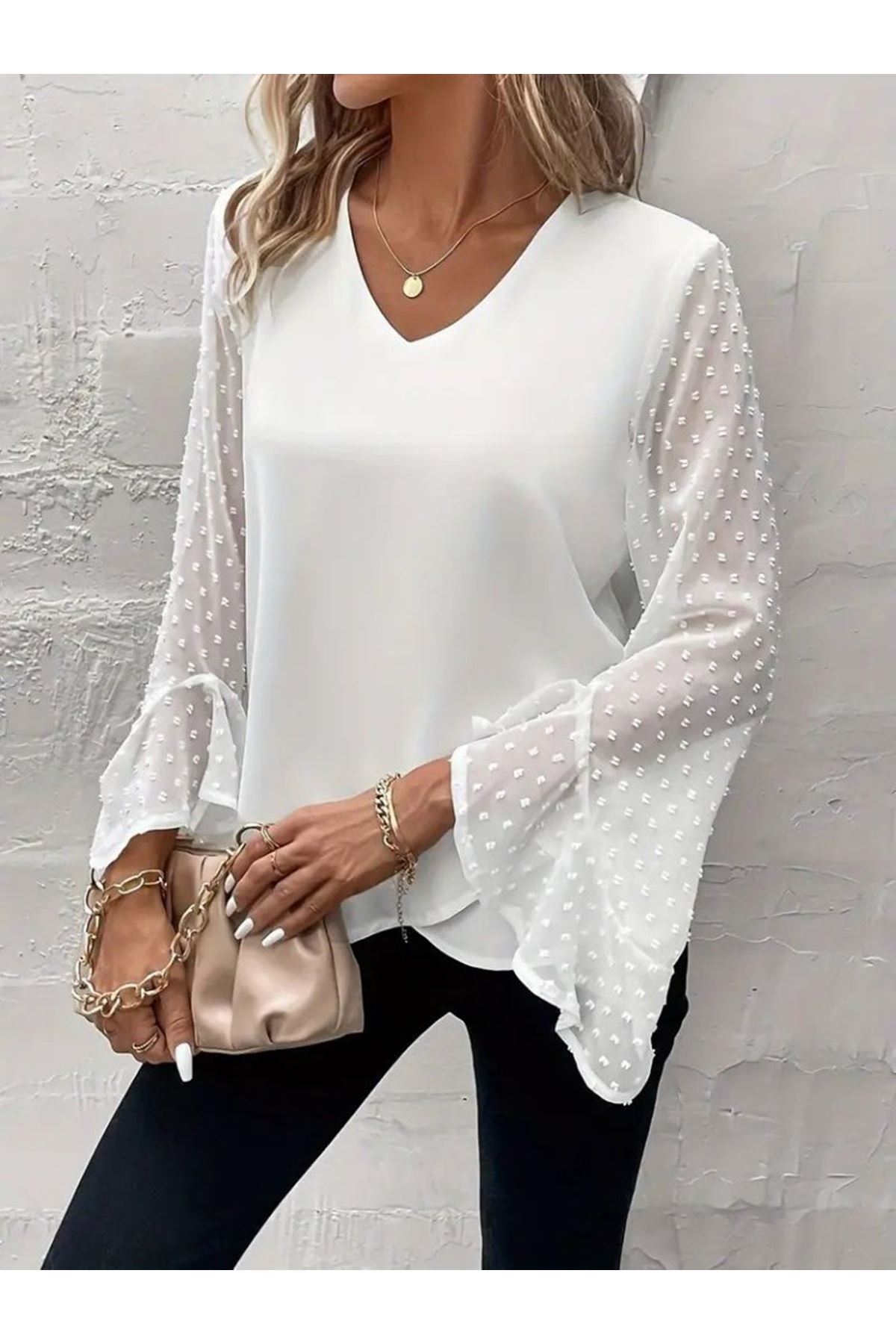 Kadın Uzun Kollu V Yakalı Kolları Ispanyol Detayı Sandy Bluz