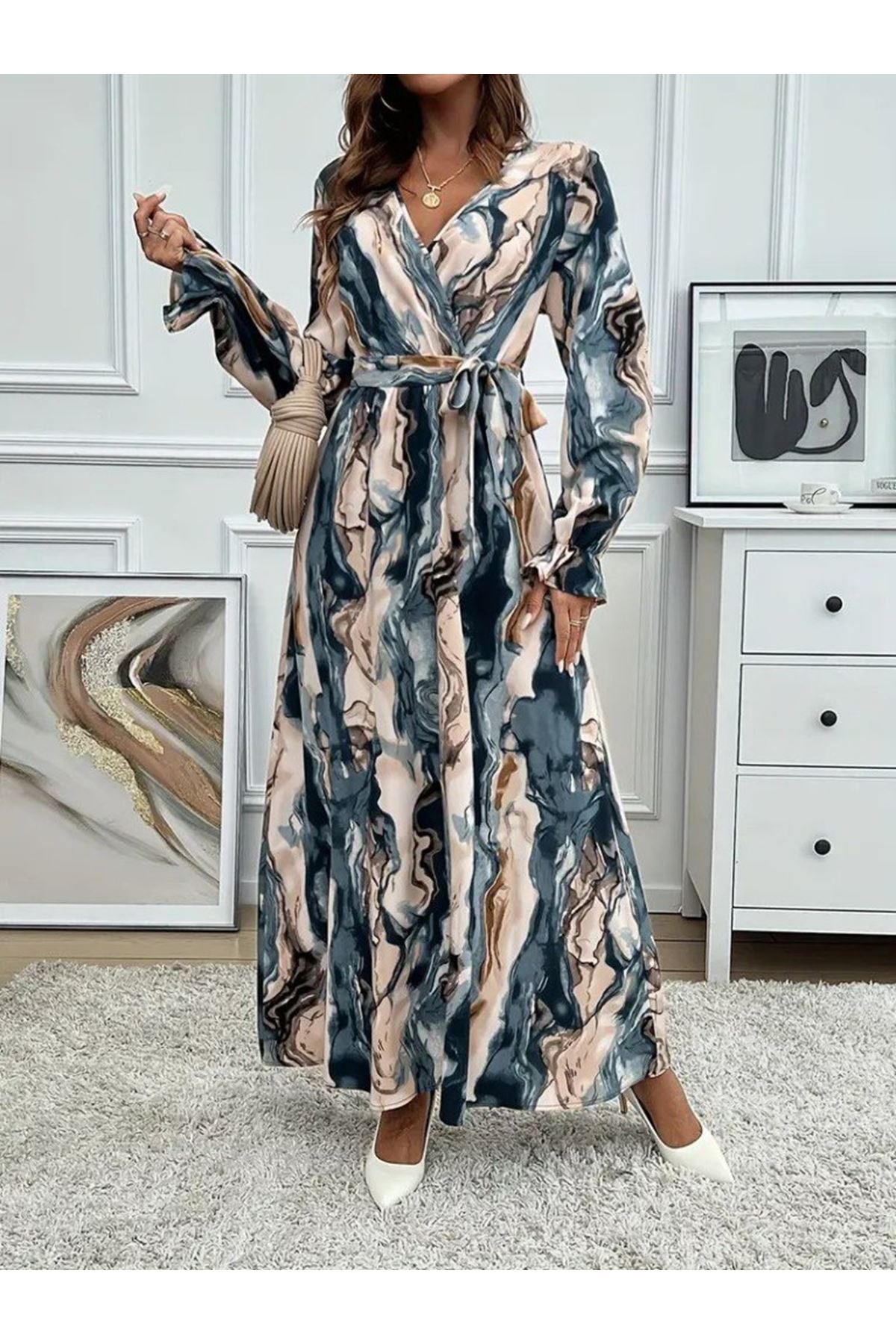 Kadın Uzun Kollu Kruvaze Yakalı Beli Kuşaklı Desenli Süprem Maxi Elbise