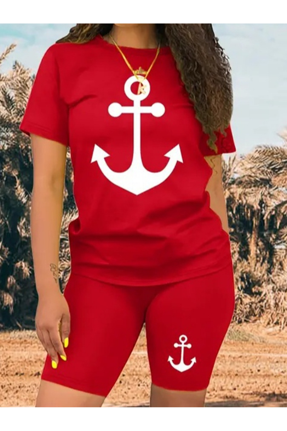 Kadın Kısa Kollu çapa Baskılı Viskon Ikili Takım