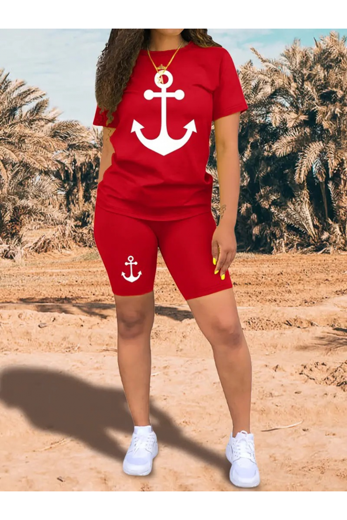 Kadın Kısa Kollu çapa Baskılı Viskon Ikili Takım