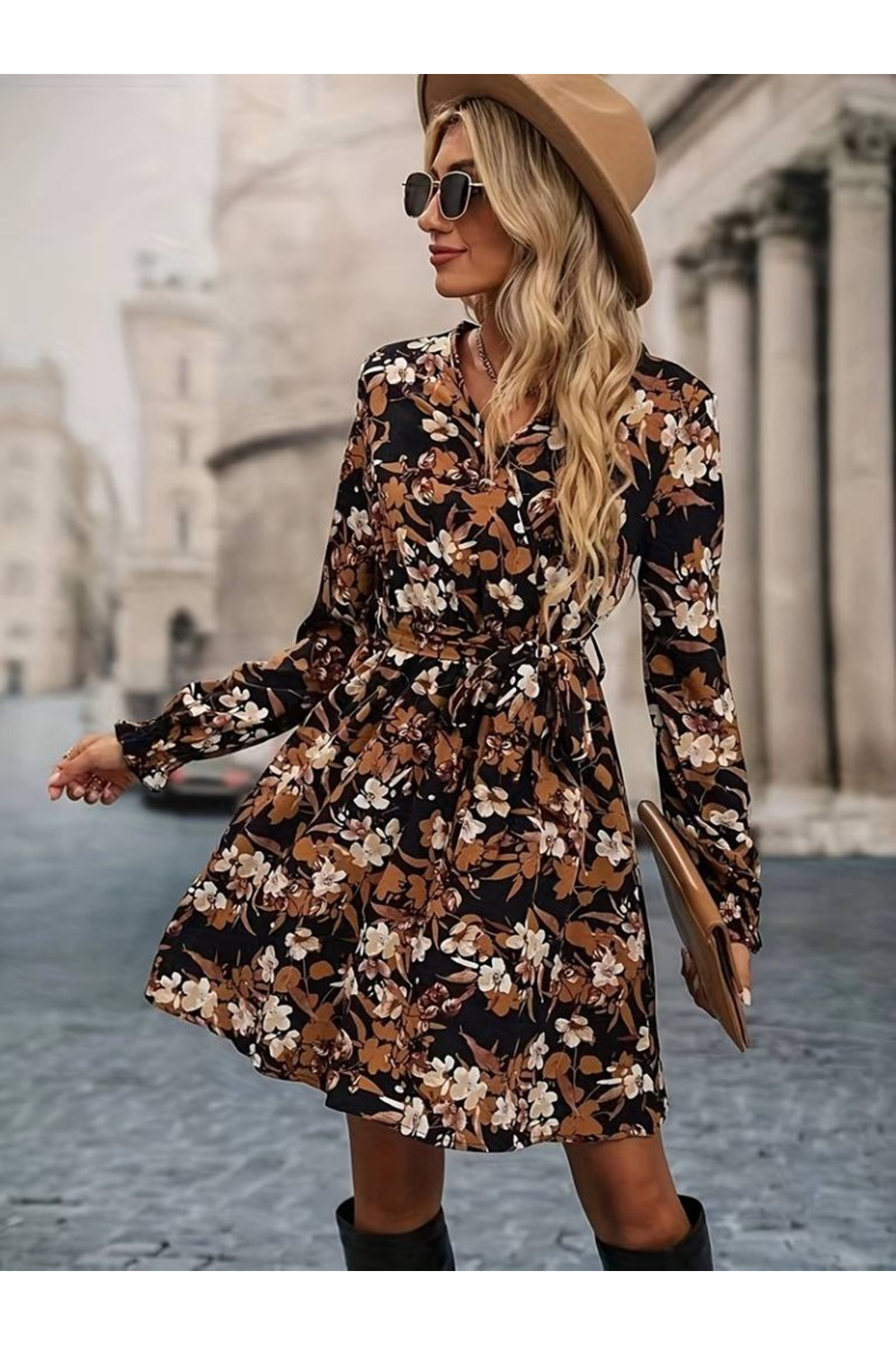 Kadın Uzun Kollu Kruvaze Yaka çiçek Desenli Dalgıç Elbise