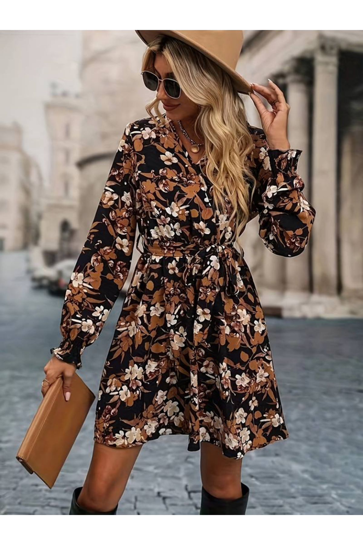 Kadın Uzun Kollu Kruvaze Yaka çiçek Desenli Dalgıç Elbise