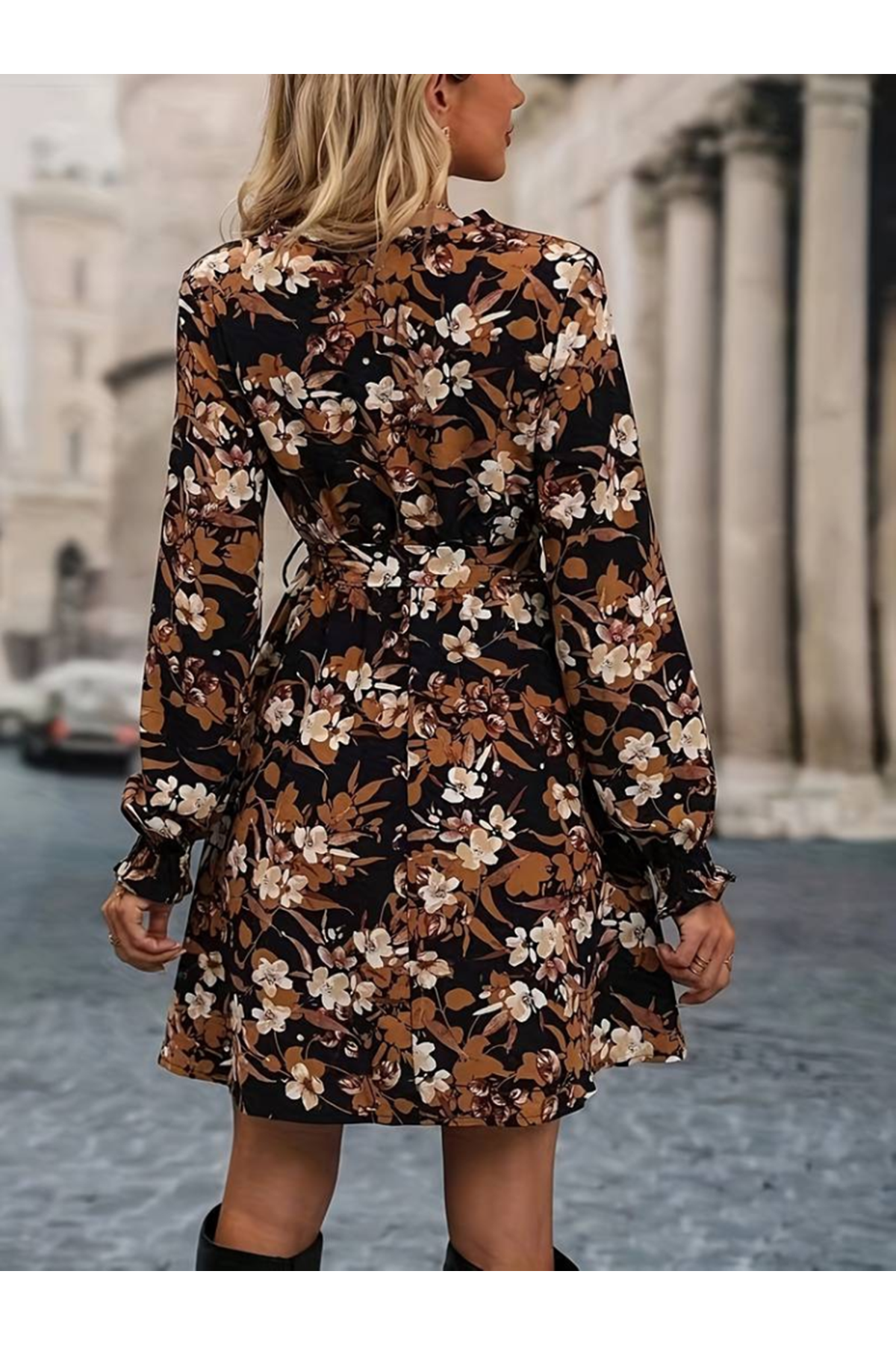 Kadın Uzun Kollu Kruvaze Yaka çiçek Desenli Dalgıç Elbise