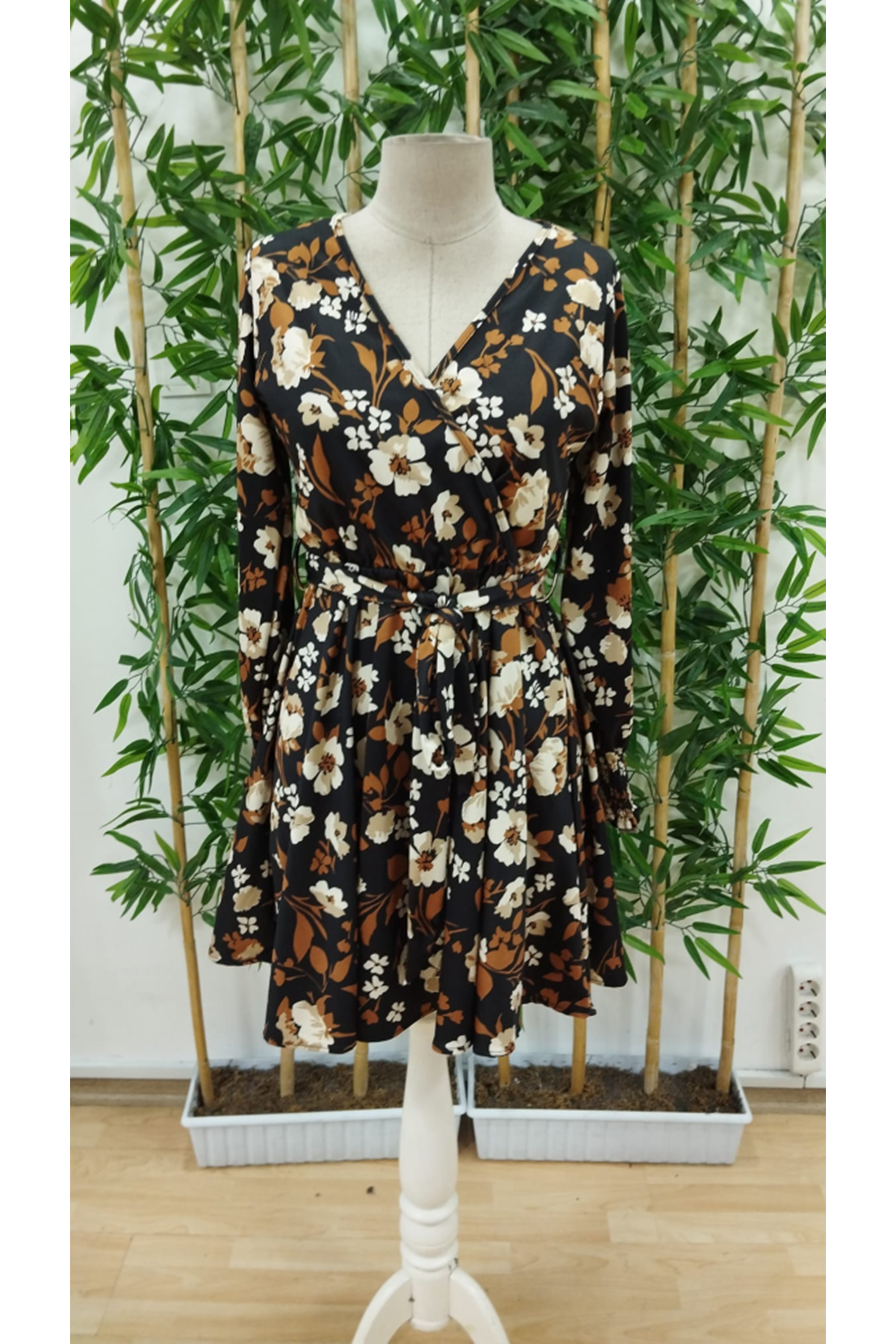 Kadın Uzun Kollu Kruvaze Yaka çiçek Desenli Dalgıç Elbise