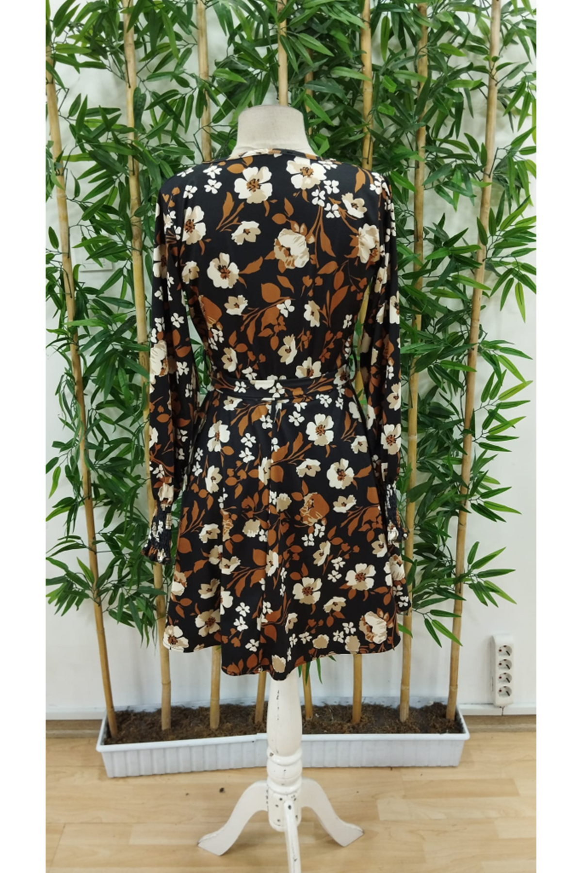 Kadın Uzun Kollu Kruvaze Yaka çiçek Desenli Dalgıç Elbise