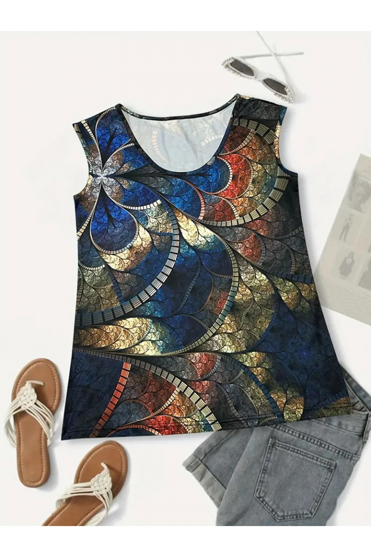 Kadın Sıfır Kol Yuvarlak Yaka Karışık Renkli Baskılı Süprem Bluz