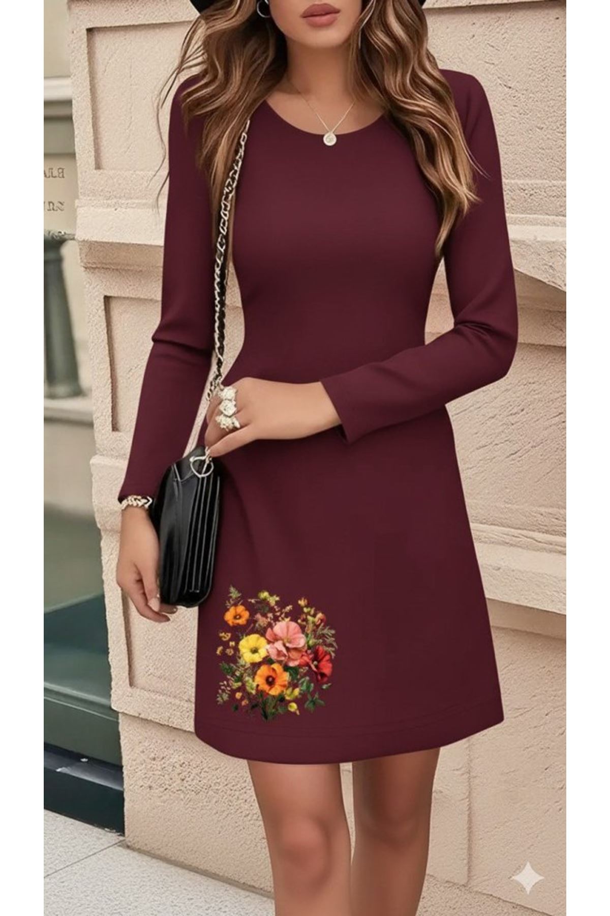 Kadın Uzun Kollu Bisiklet Yaka çiçek Desenli Mini Dalgıç Elbise