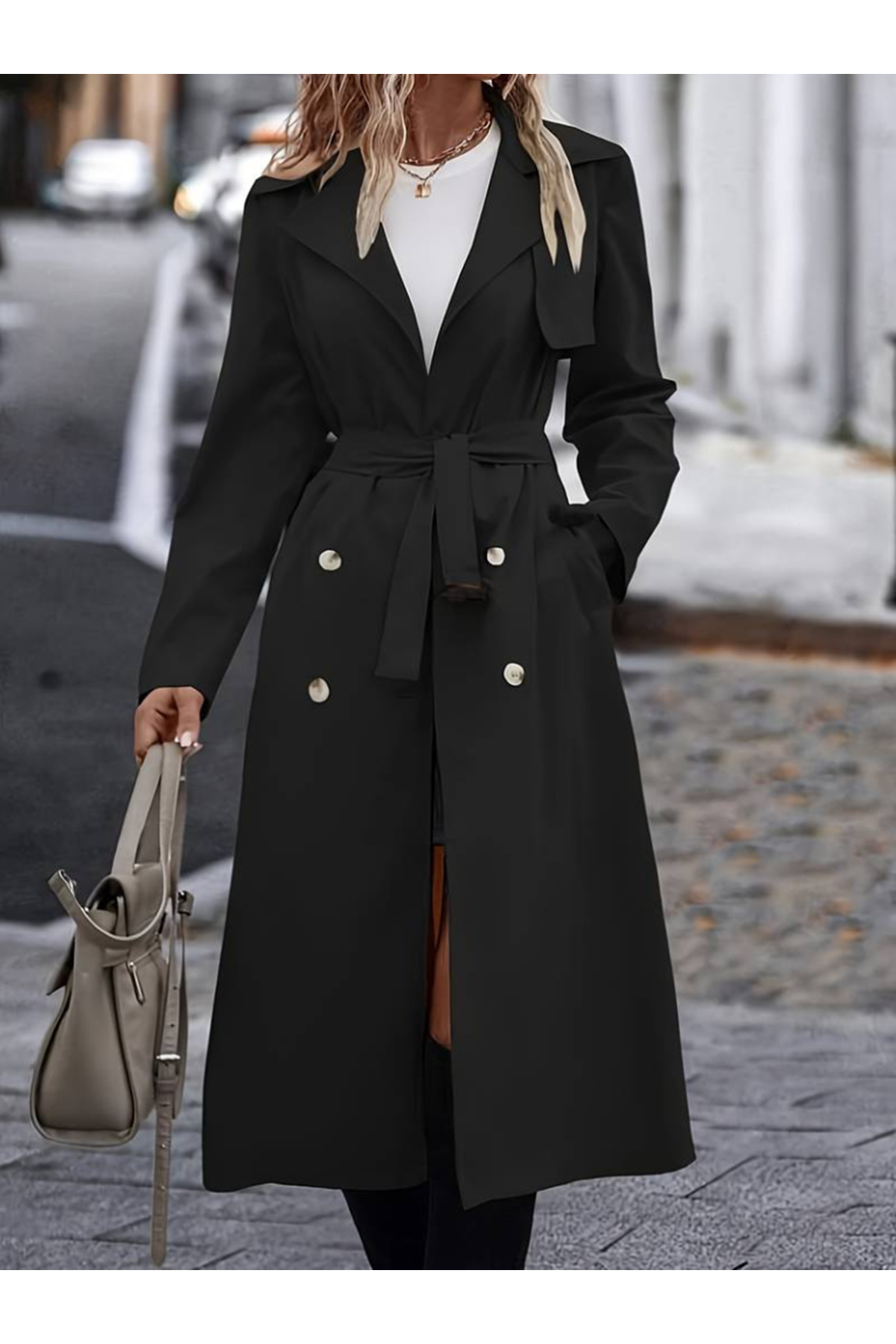 Kadın Uzun Kollu Yakalı önden Düğmeli Beli Kuşaklı Midi Gabardin Trençkot