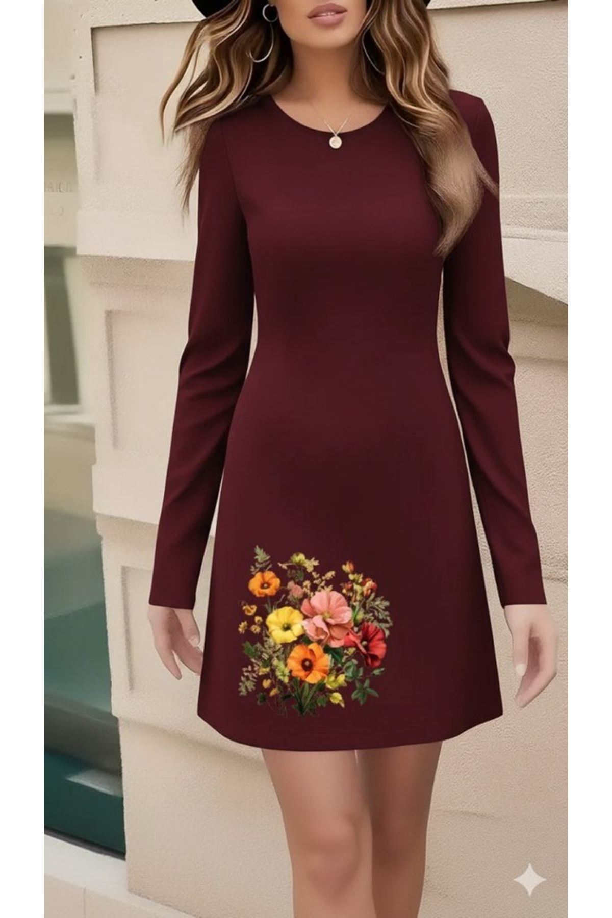 Kadın Uzun Kollu Bisiklet Yaka çiçek Desenli Mini Dalgıç Elbise