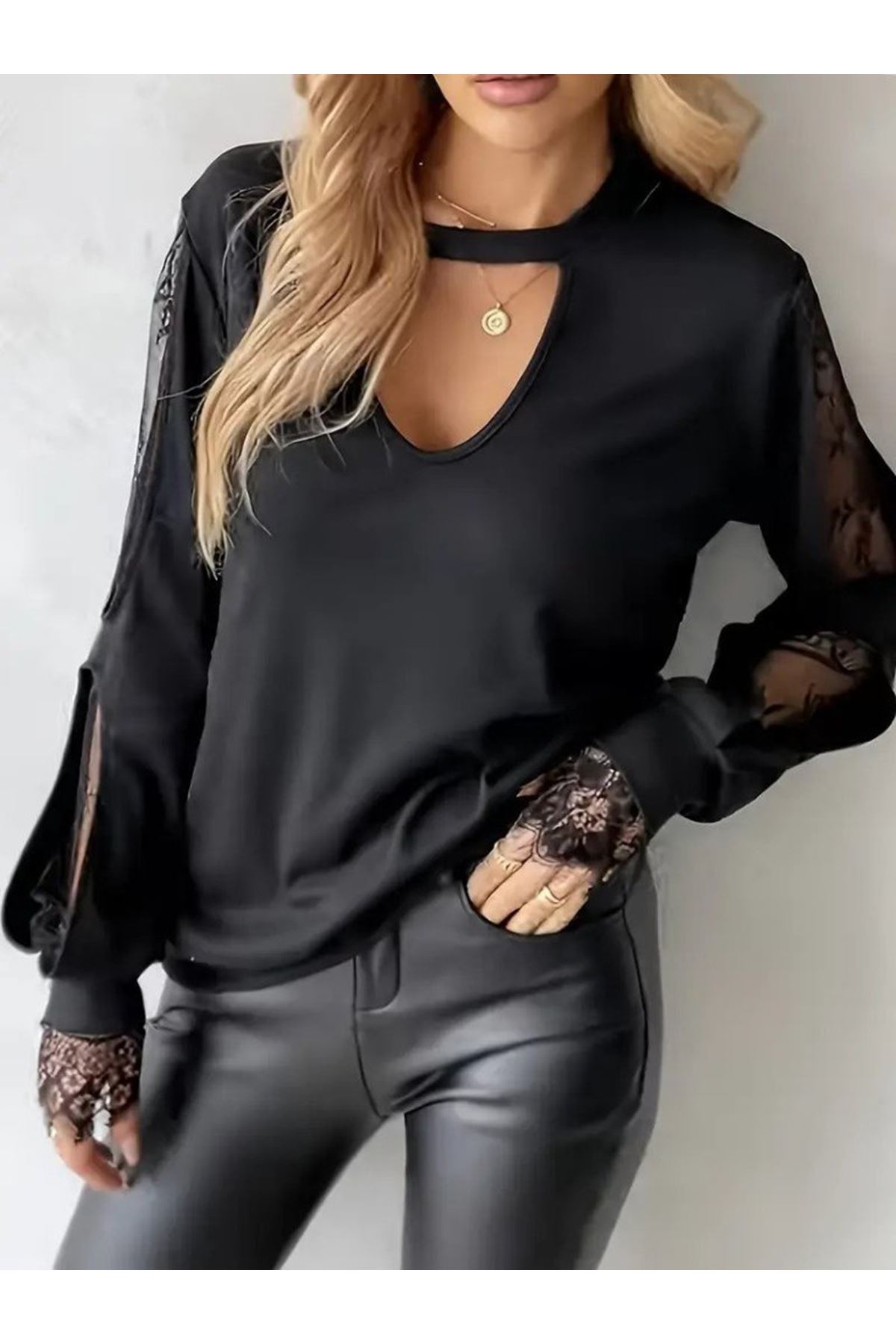 Kadın Uzun Kollu Damla Detaylı Viskon Iki Iplik Bluz
