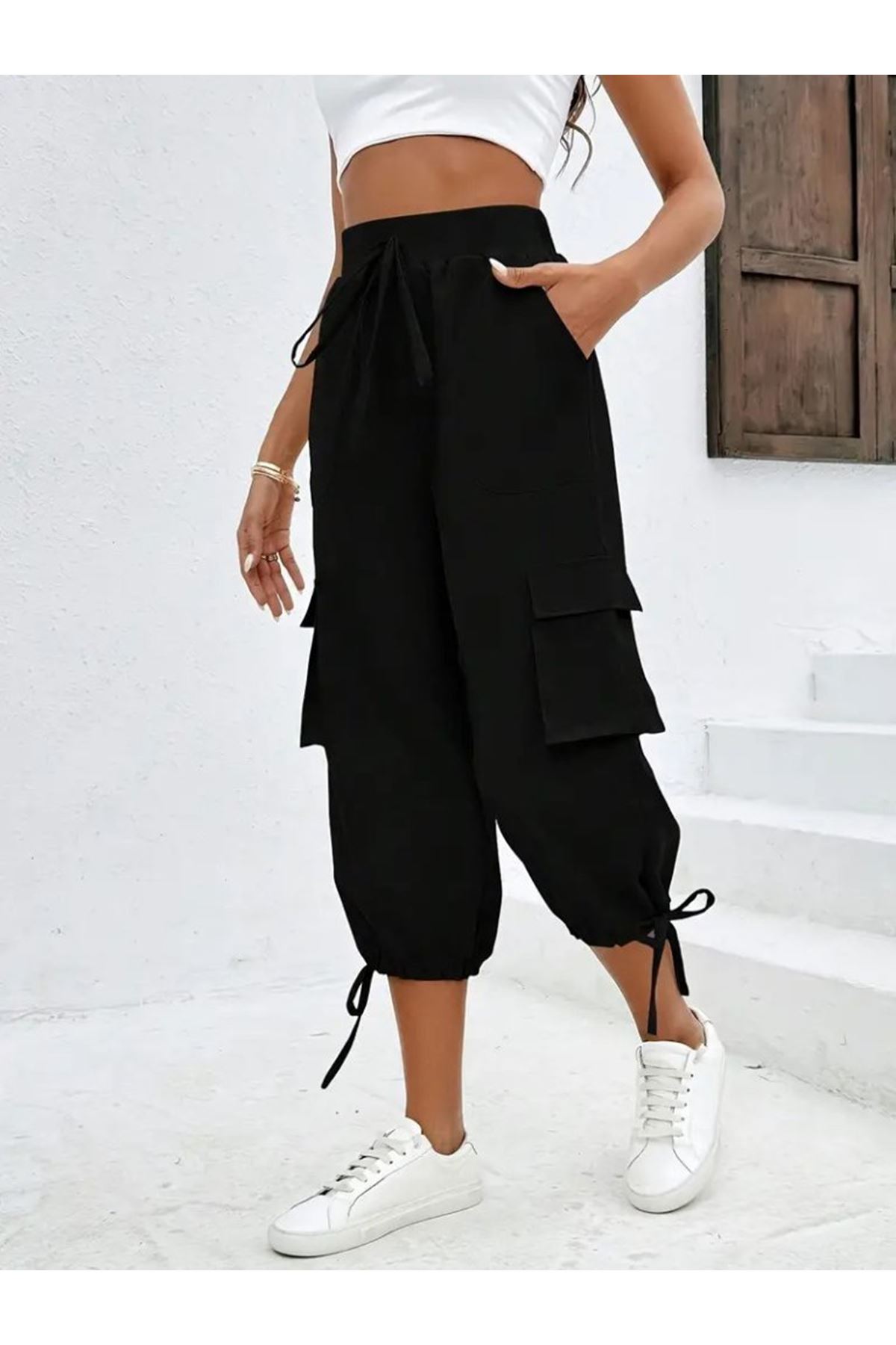 Kadın Yüksek Bel Beli Lastikli Bağcıklı Cepli Kargo Viskon Iki Iplik Pantolon
