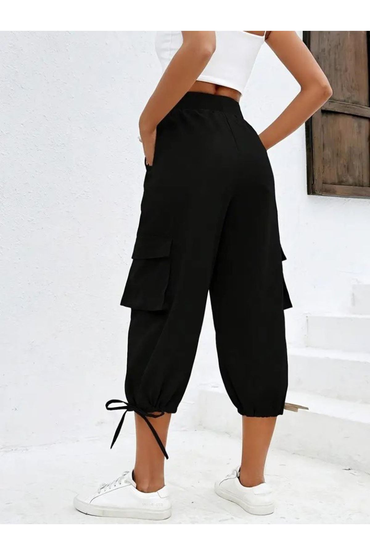 Kadın Yüksek Bel Beli Lastikli Bağcıklı Cepli Kargo Viskon Iki Iplik Pantolon
