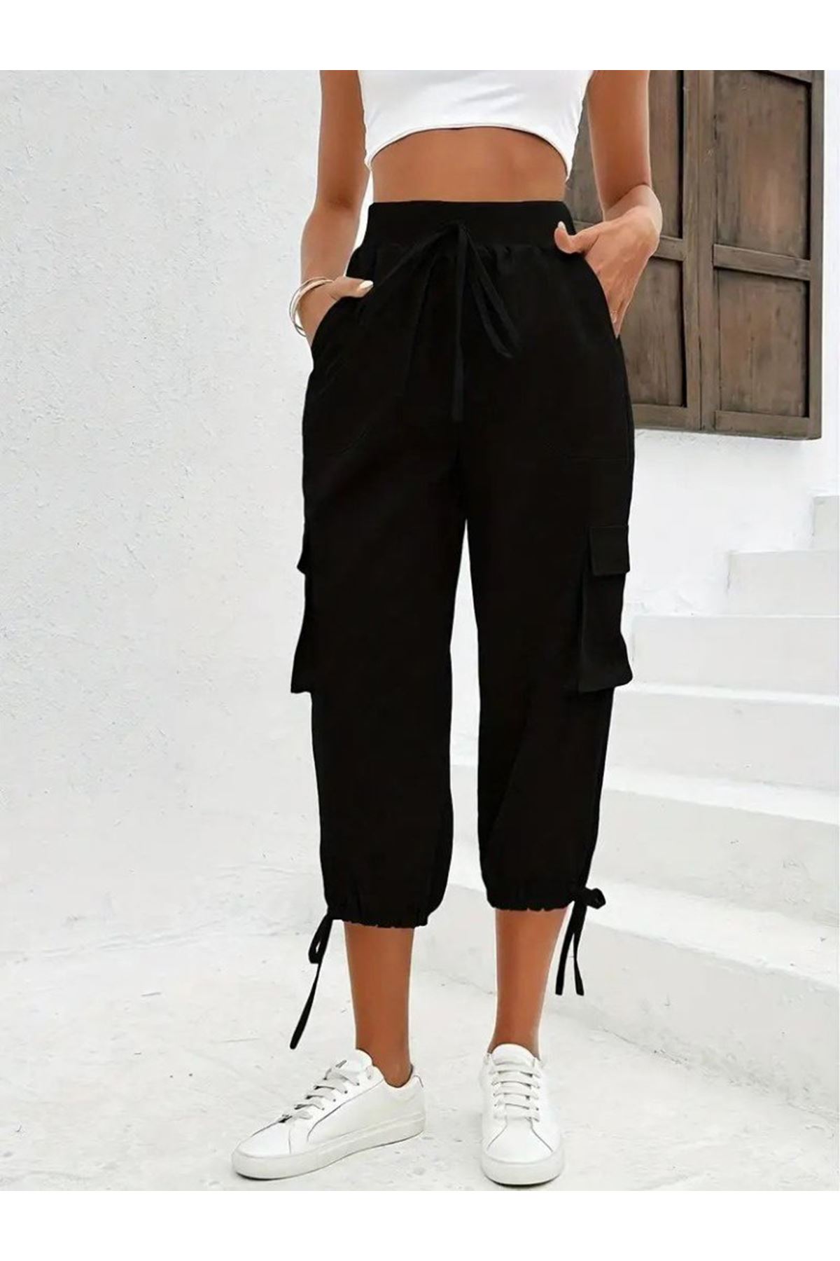 Kadın Yüksek Bel Beli Lastikli Bağcıklı Cepli Kargo Viskon Iki Iplik Pantolon
