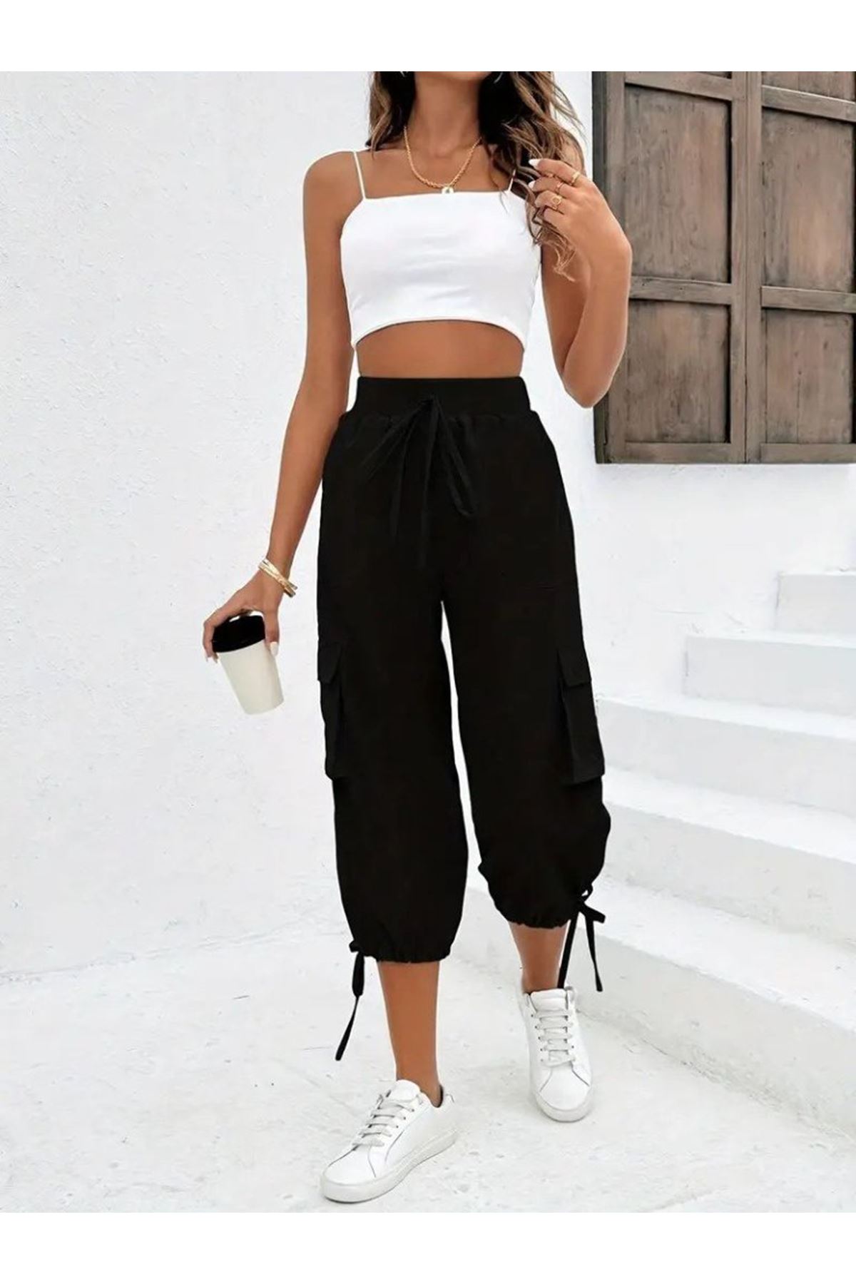 Kadın Yüksek Bel Beli Lastikli Bağcıklı Cepli Kargo Viskon Iki Iplik Pantolon
