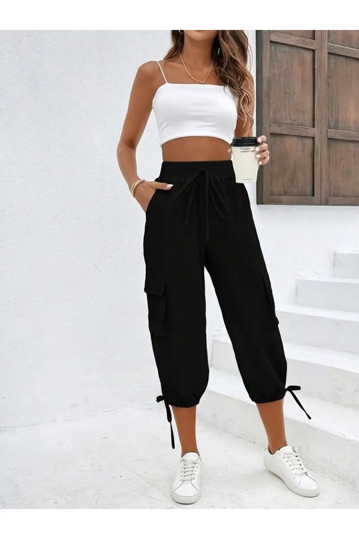 Kadın Yüksek Bel Beli Lastikli Bağcıklı Cepli Kargo Viskon Iki Iplik Pantolon