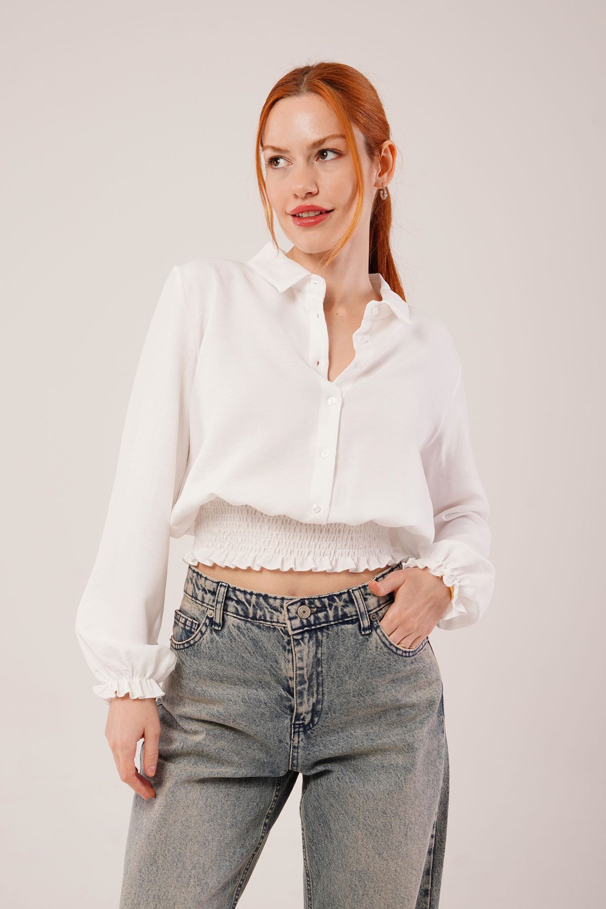 Bel Ve Bilek Lastikli Beyaz Bluz