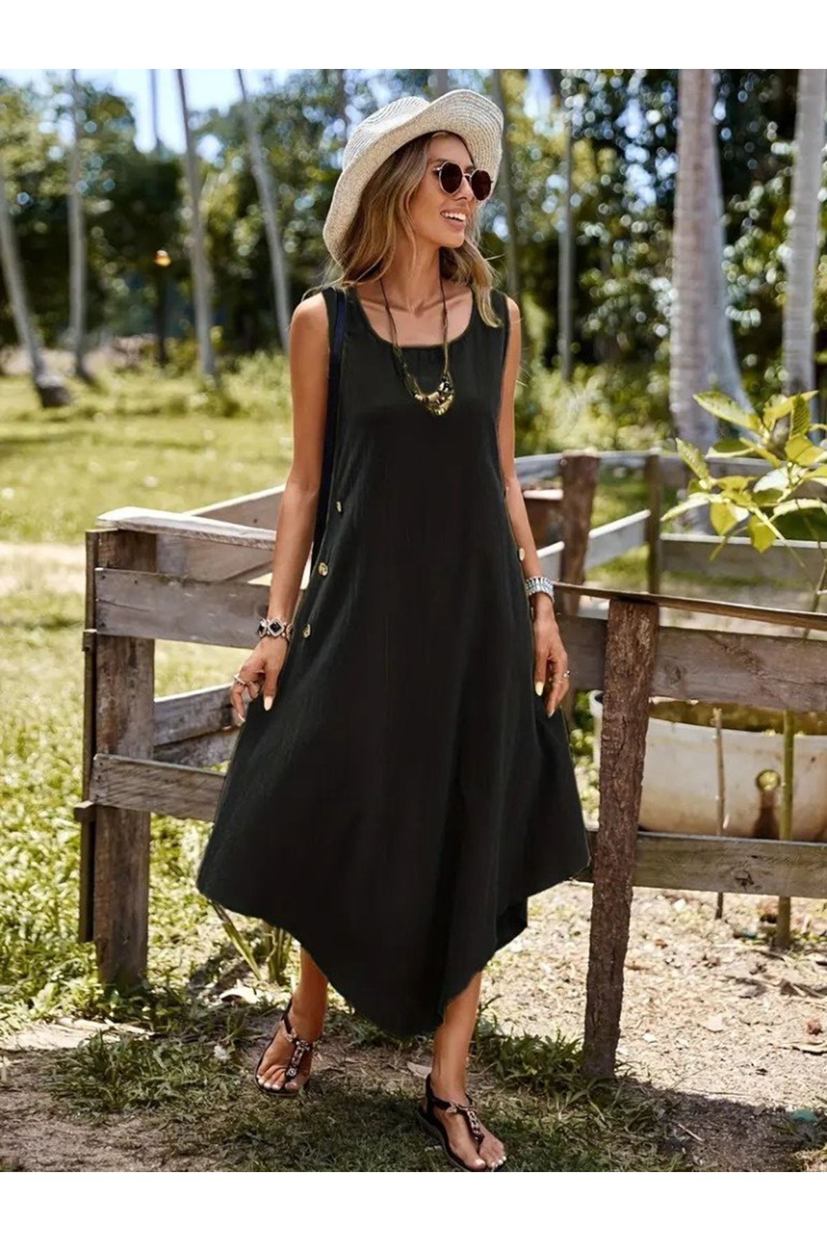 Kadın Askılı Yuvarlak Yaka Düğmeli Asimetrik Kesim Detaylı Ithal Keten Elbise