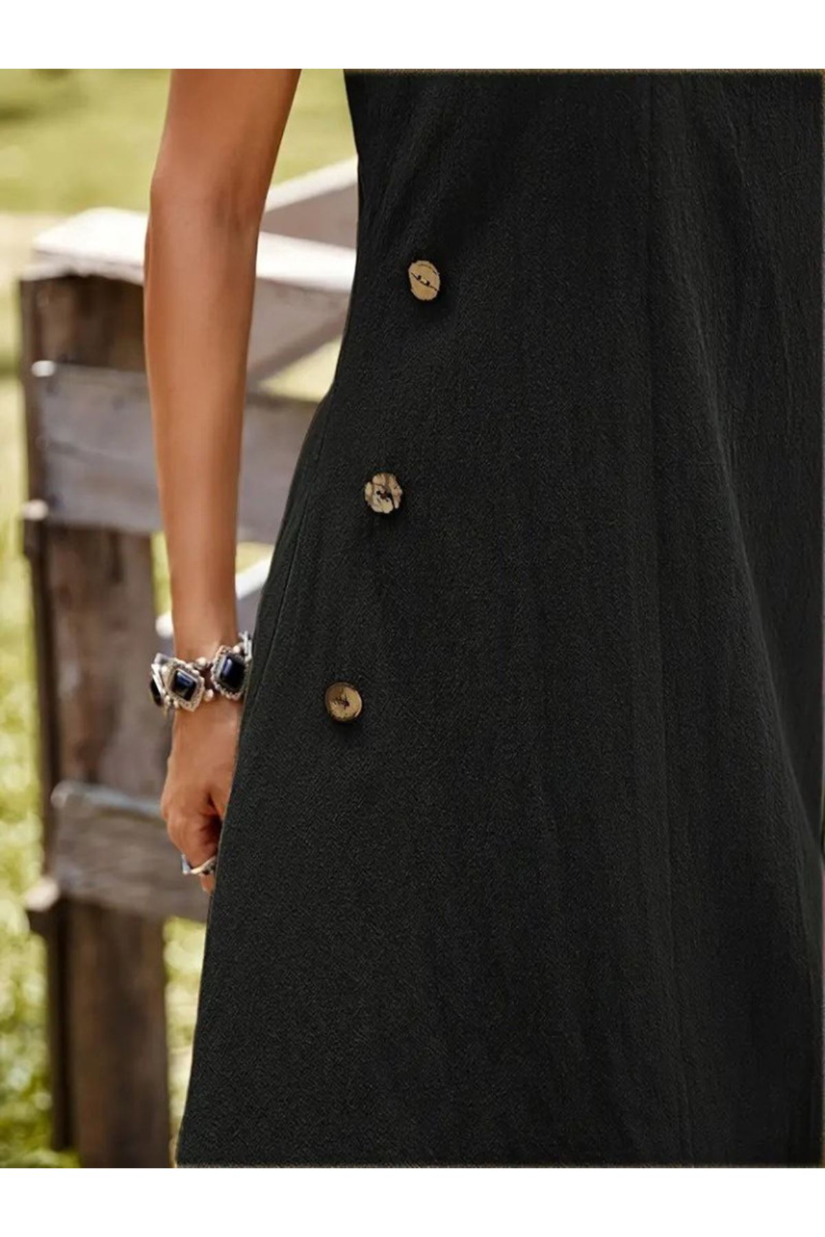 Kadın Askılı Yuvarlak Yaka Düğmeli Asimetrik Kesim Detaylı Ithal Keten Elbise