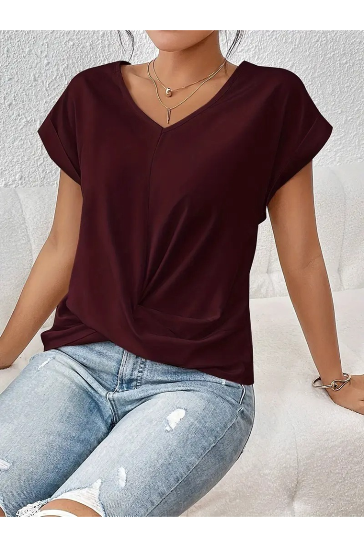 Kadın Kısa Kollu V Yakalı önden çapraz Geçmeli Detay Viskon Bluz