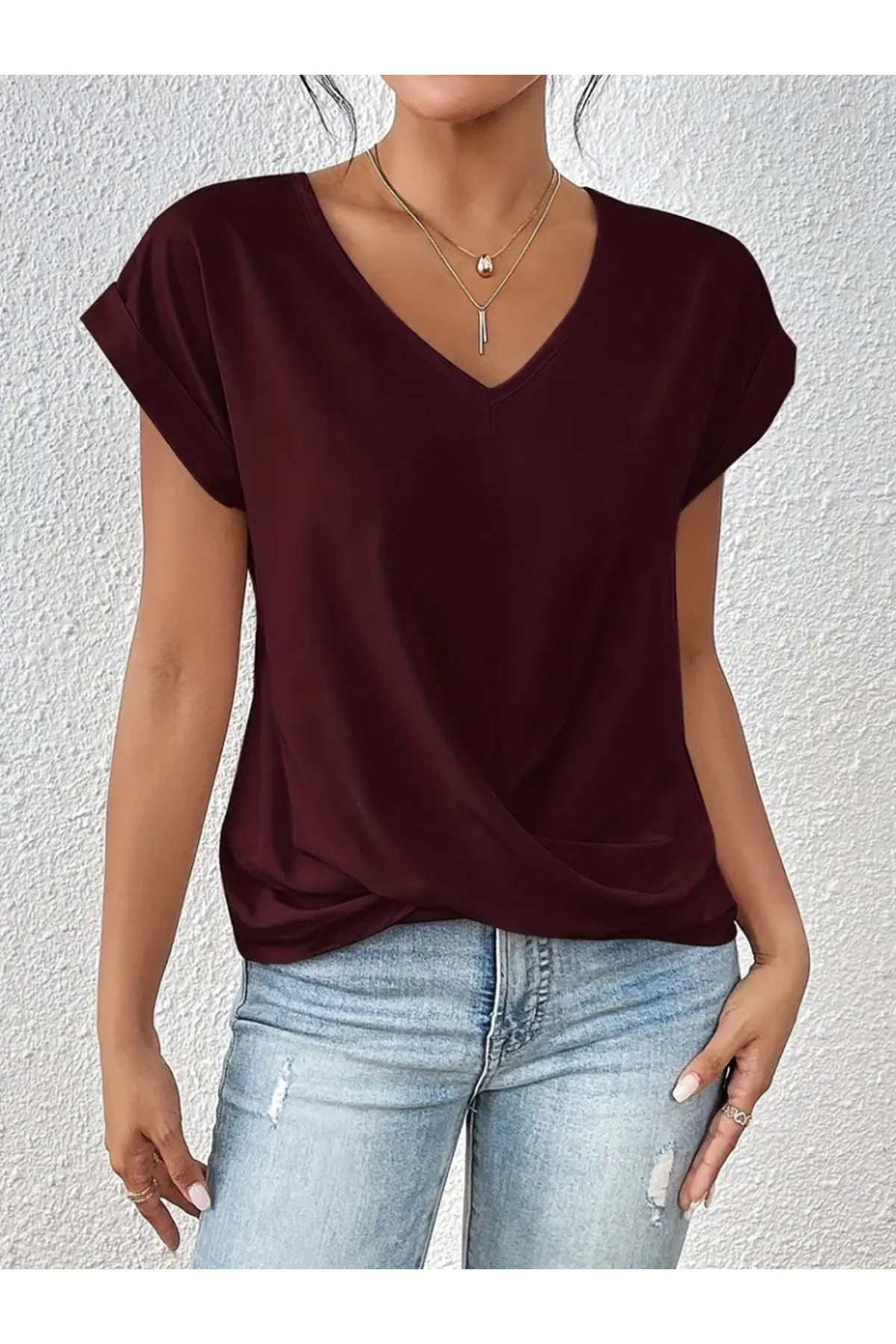 Kadın Kısa Kollu V Yakalı önden çapraz Geçmeli Detay Viskon Bluz