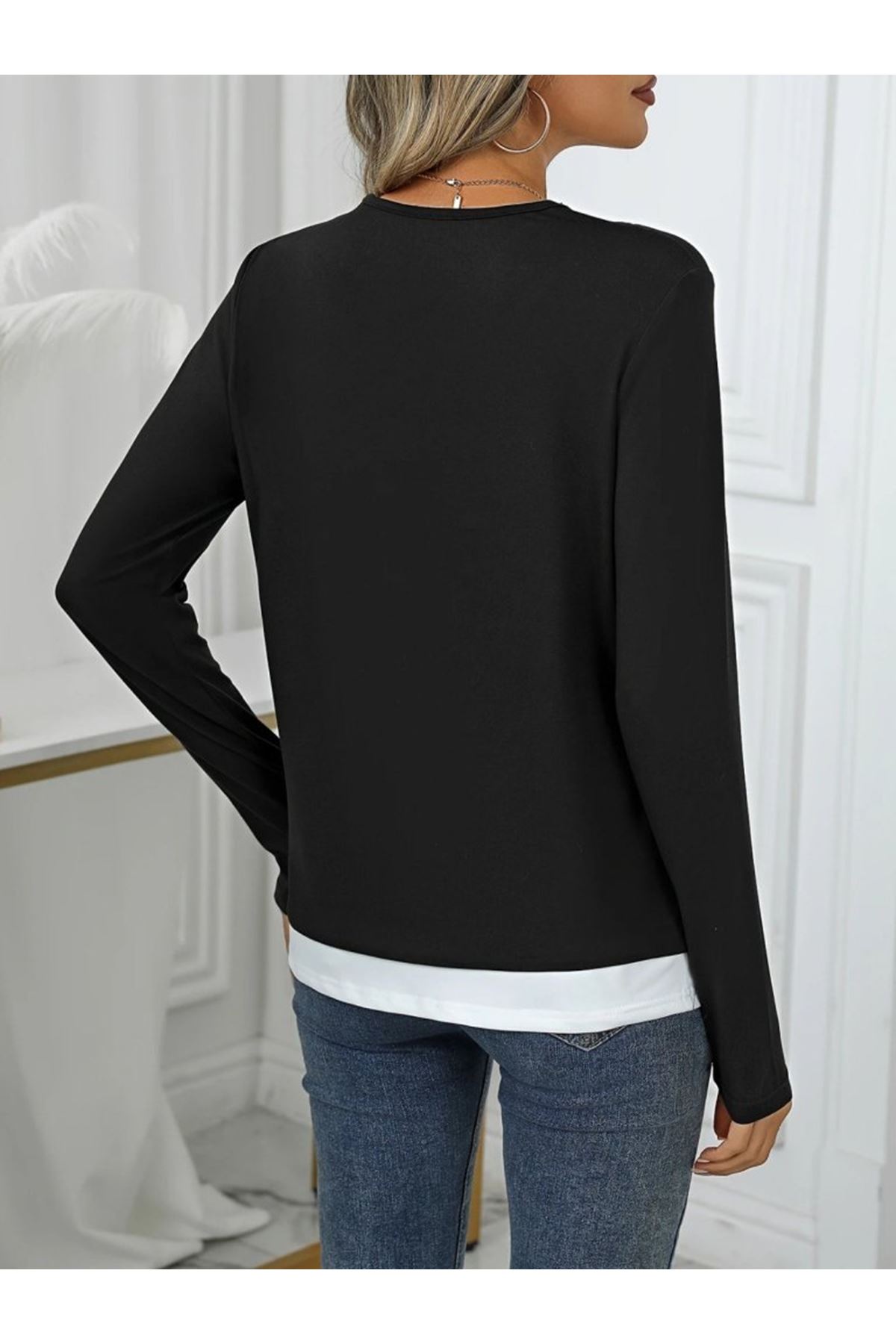 Kadın Uzun Kollu V Yakalı çift Renkli Viskon Iki Iplik Bluz