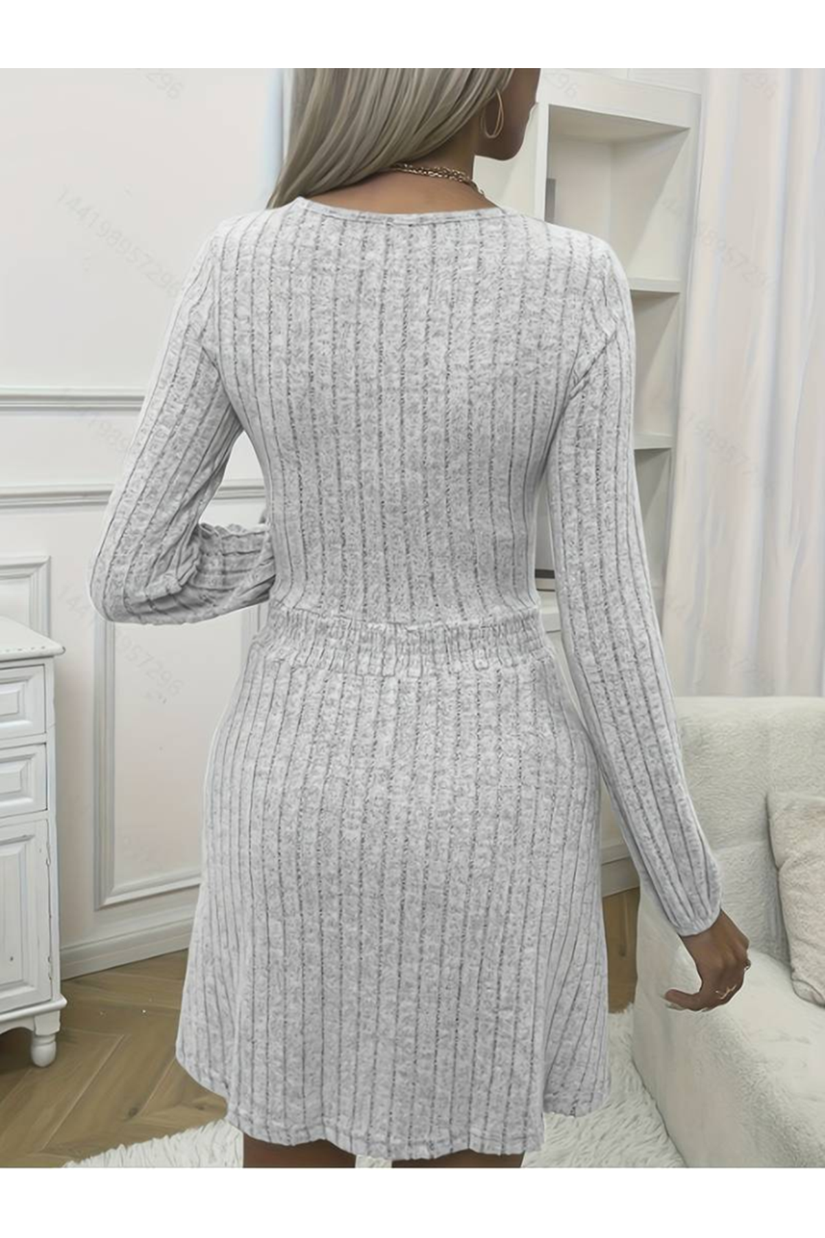 Kadın Uzun Kollu Bisiklet Yaka Beli Lastikli şardonlu Kaşkorse Mini Elbise