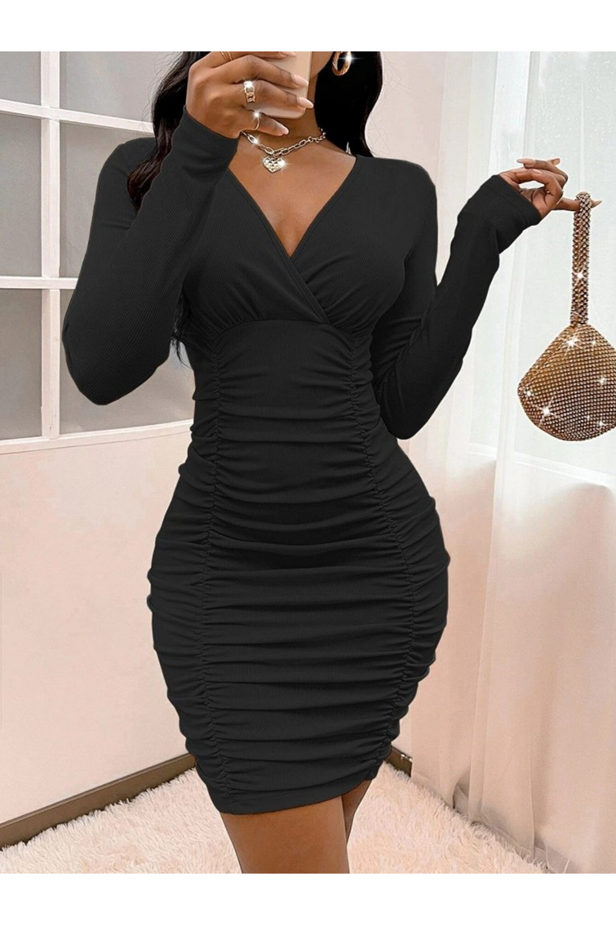 Kadın Uzun Kollu Kruvaze Yaka Sandy Mini Elbise