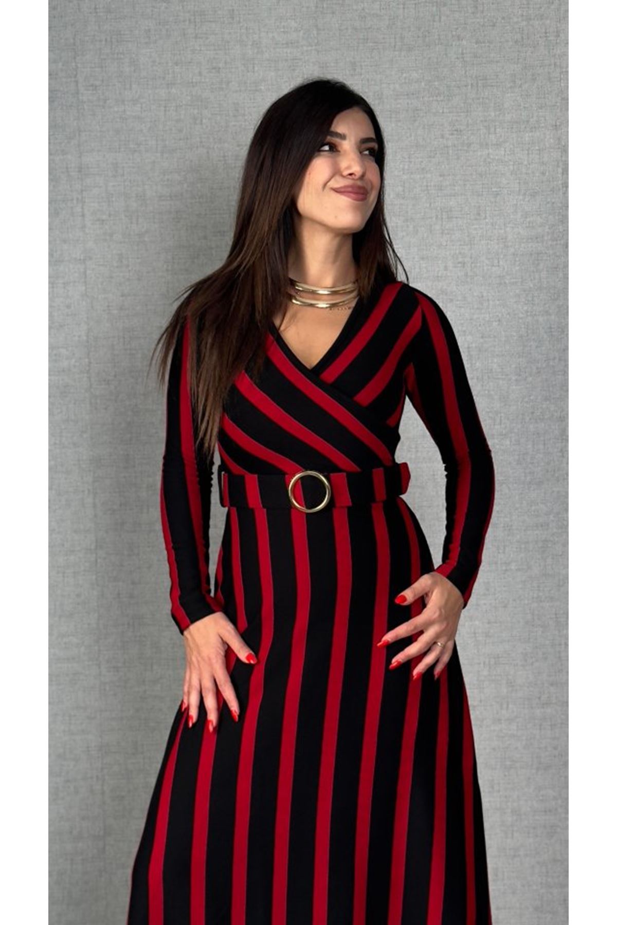 Kadın Uzun Kollu Kruvaze Yaka Kemer Dahil çizgili Triko Elbise