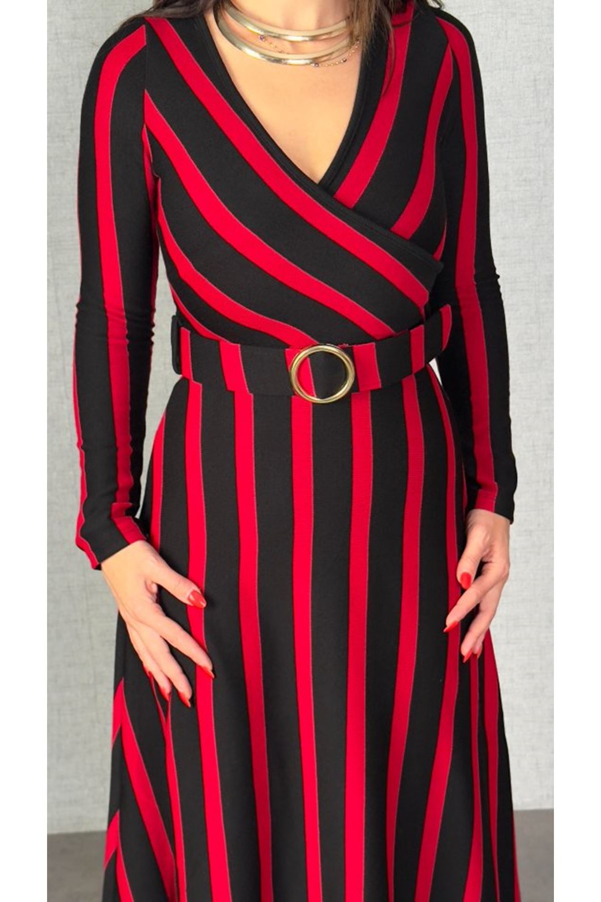 Kadın Uzun Kollu Kruvaze Yaka Kemer Dahil çizgili Triko Elbise