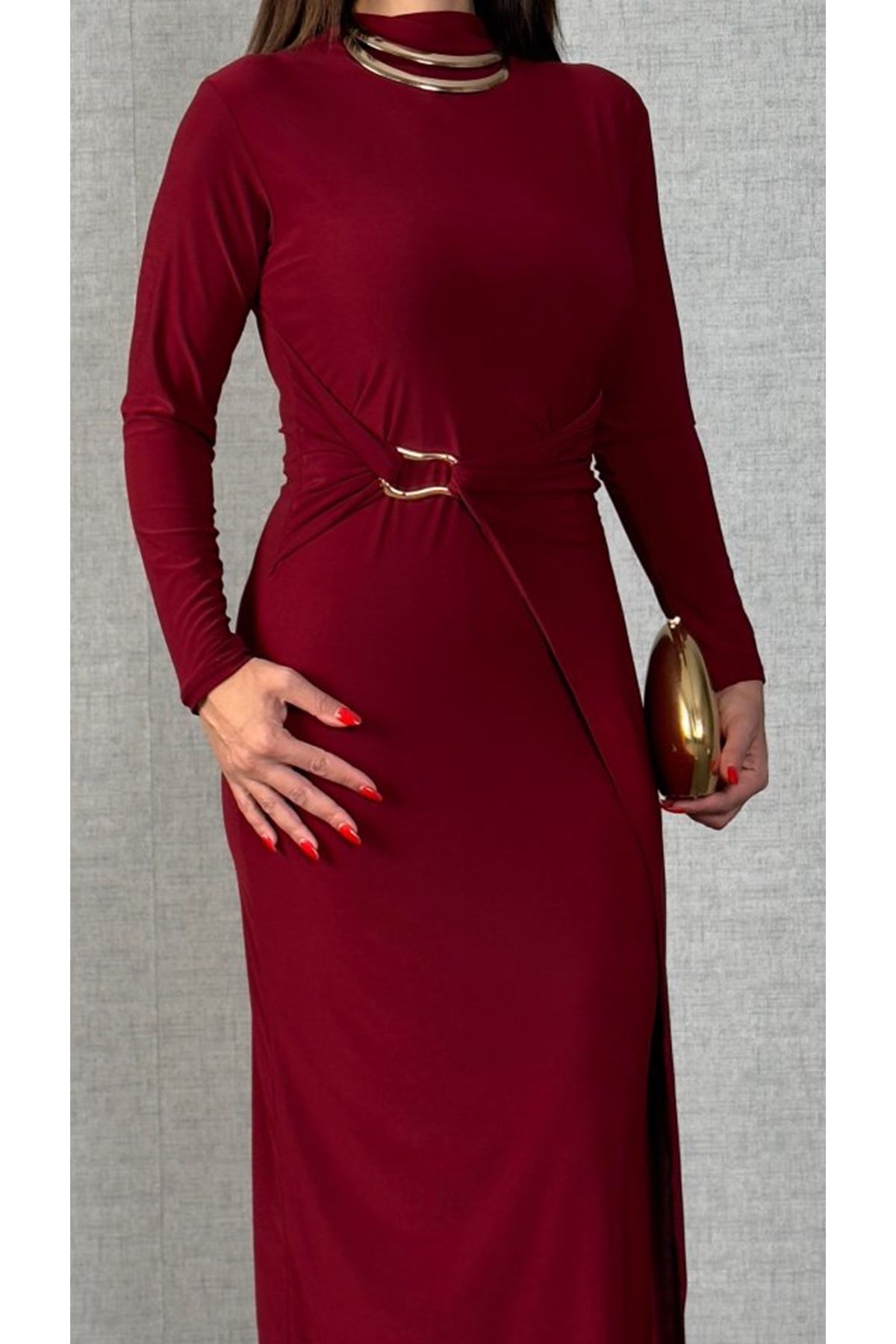 Kadın Balıkçı Yaka Toka Detay Sandy Kumaş Midi Boy Elbise