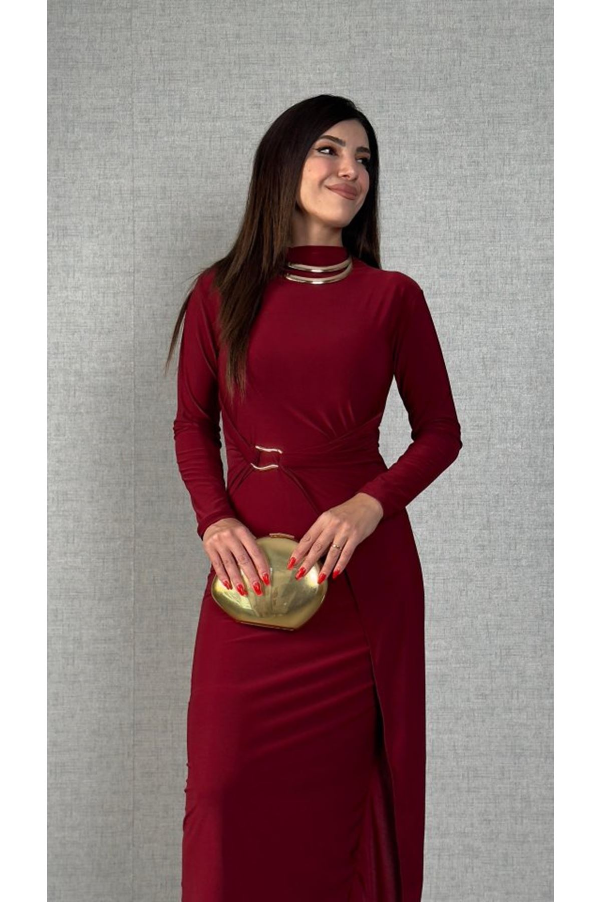 Kadın Balıkçı Yaka Toka Detay Sandy Kumaş Midi Boy Elbise