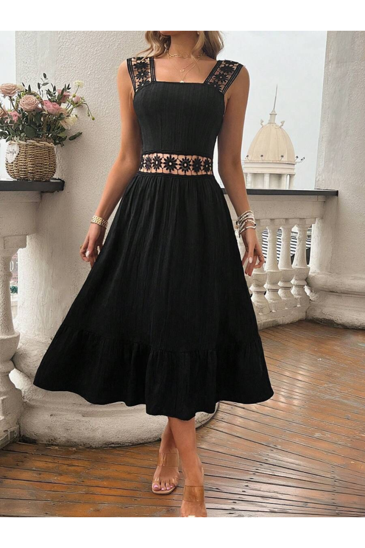 Kadın Askılı Ve Beli Dantel Detaylı Fırfırlı Uzun Bürümcük Elbise