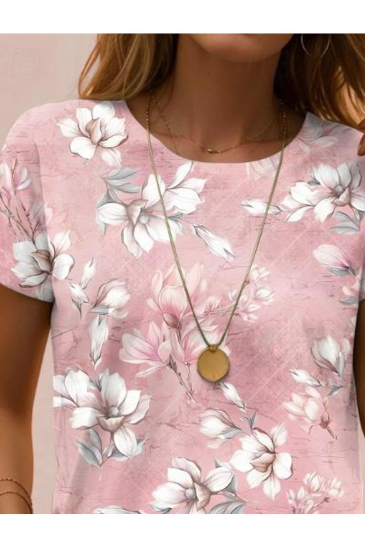 Kadın Kısa Kollu Bisiklet Yaka çiçek Desenli Viskon Bluz