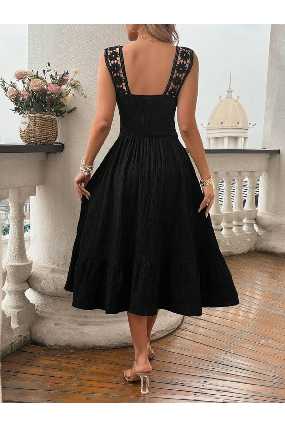 Kadın Askılı Ve Beli Dantel Detaylı Fırfırlı Uzun Bürümcük Elbise