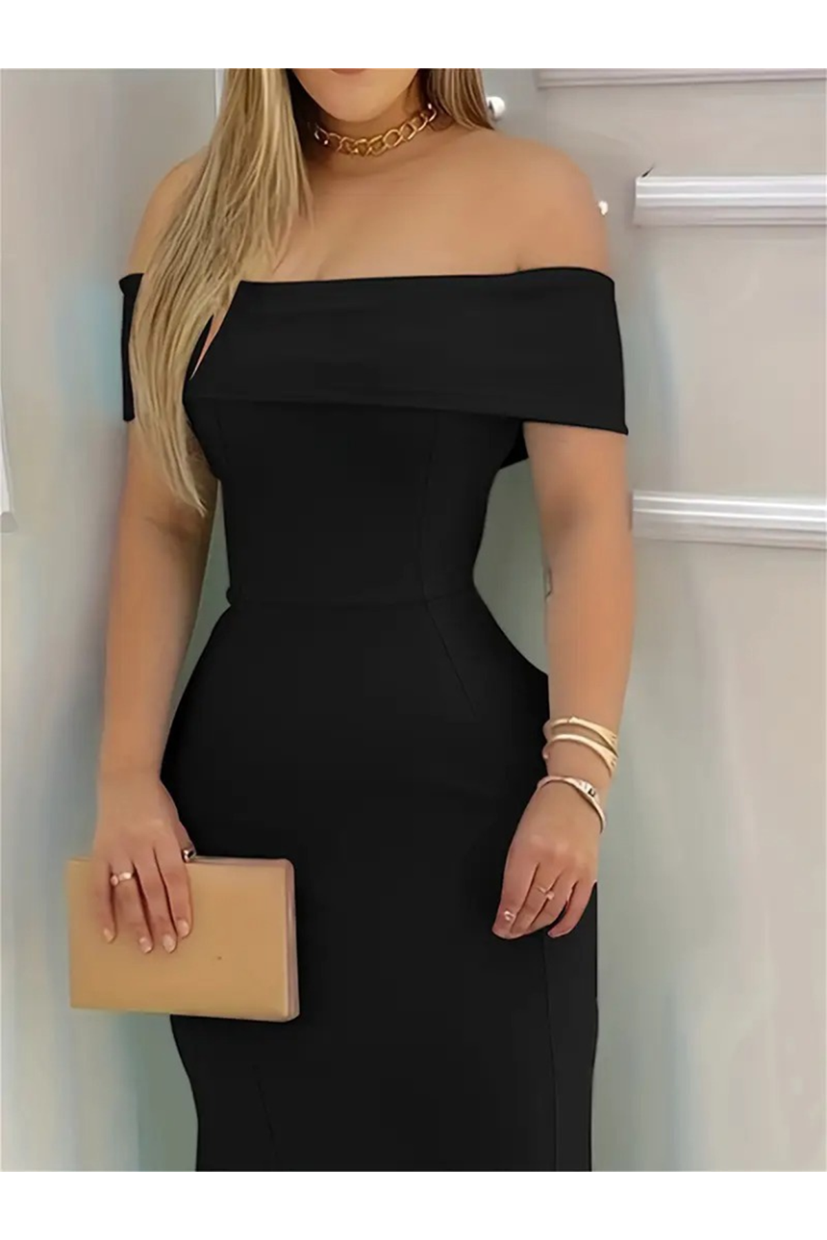 Kadın Kısa Kollu Madonna Yaka Belden Oturtmalı Uzun Ithal Krep Elbise