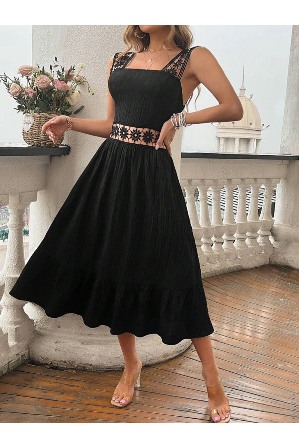 Kadın Askılı Ve Beli Dantel Detaylı Fırfırlı Uzun Bürümcük Elbise