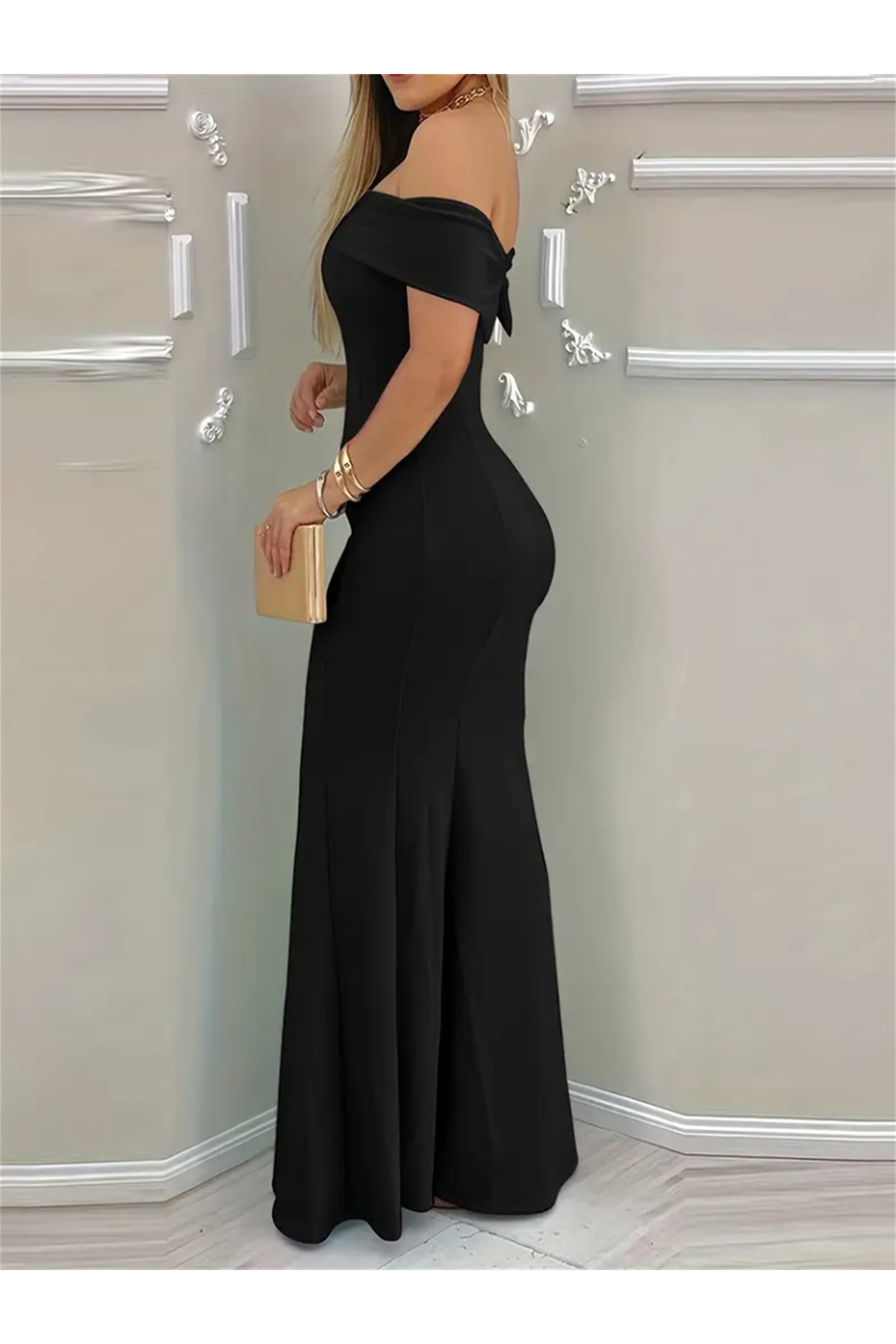 Kadın Kısa Kollu Madonna Yaka Belden Oturtmalı Uzun Ithal Krep Elbise