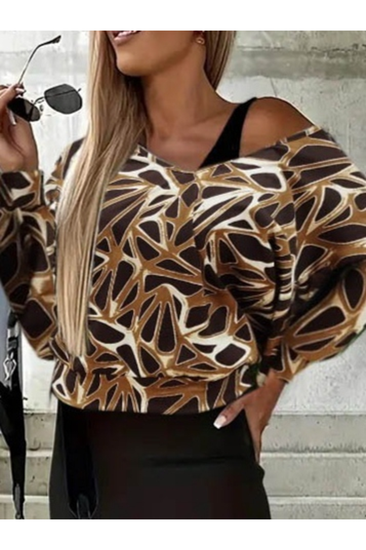 Kadın Uzun Kollu Askılı Yuvarlak Yakalı Yırtmaçlı Dalgıç Elbise Ile Yakalı Yunan Desenli Bluz Ikili Takım