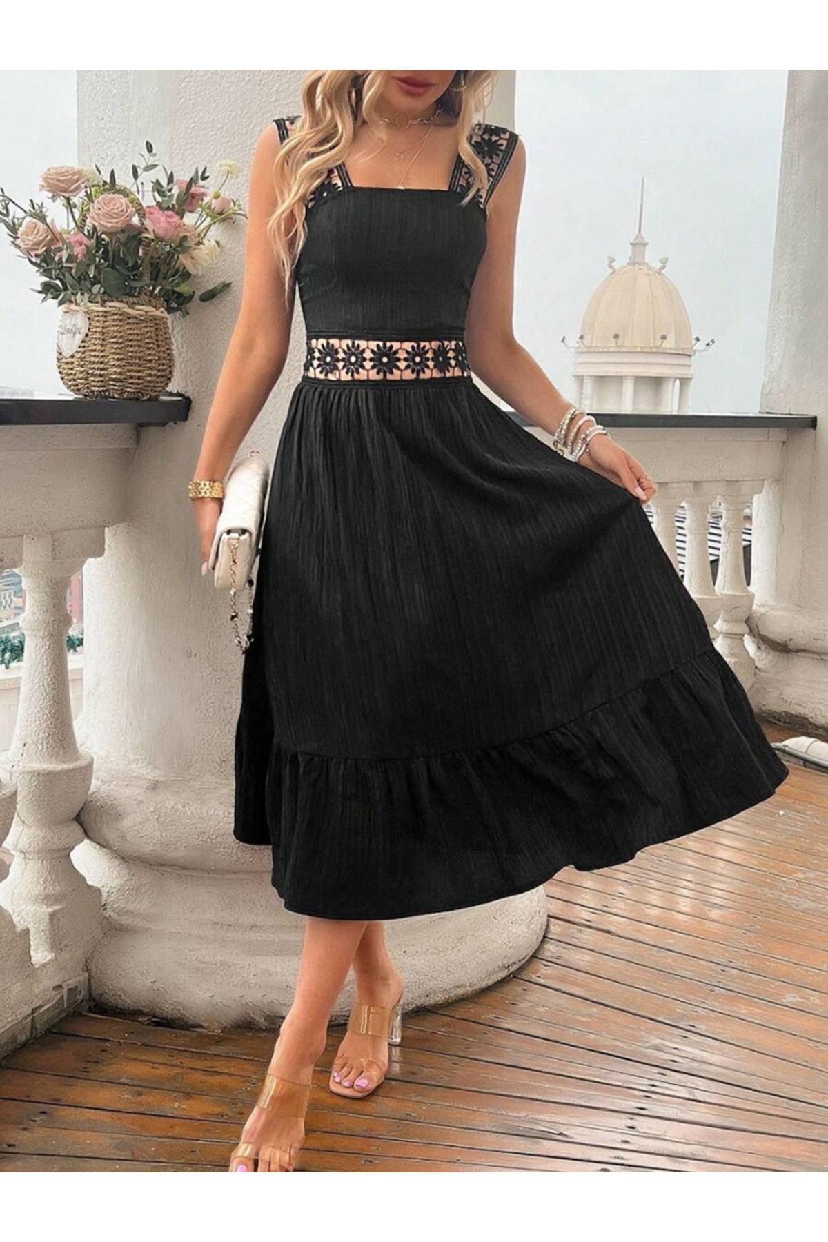 Kadın Askılı Ve Beli Dantel Detaylı Fırfırlı Uzun Bürümcük Elbise